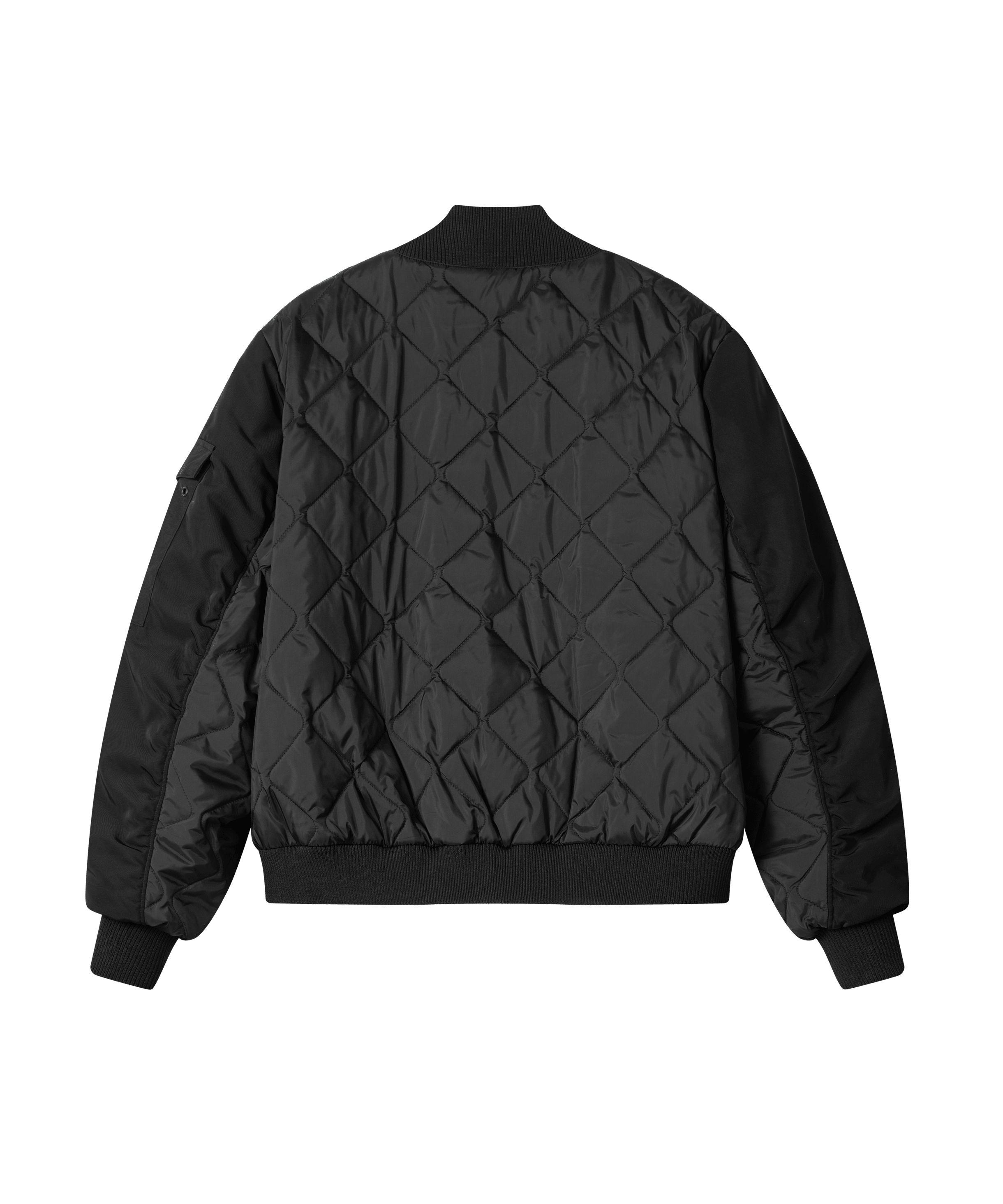 Bomberjacke in der Rückansicht. Gut zu erkennen der Materialmix aus klassischem Nylon und abgestepptem Rücken.