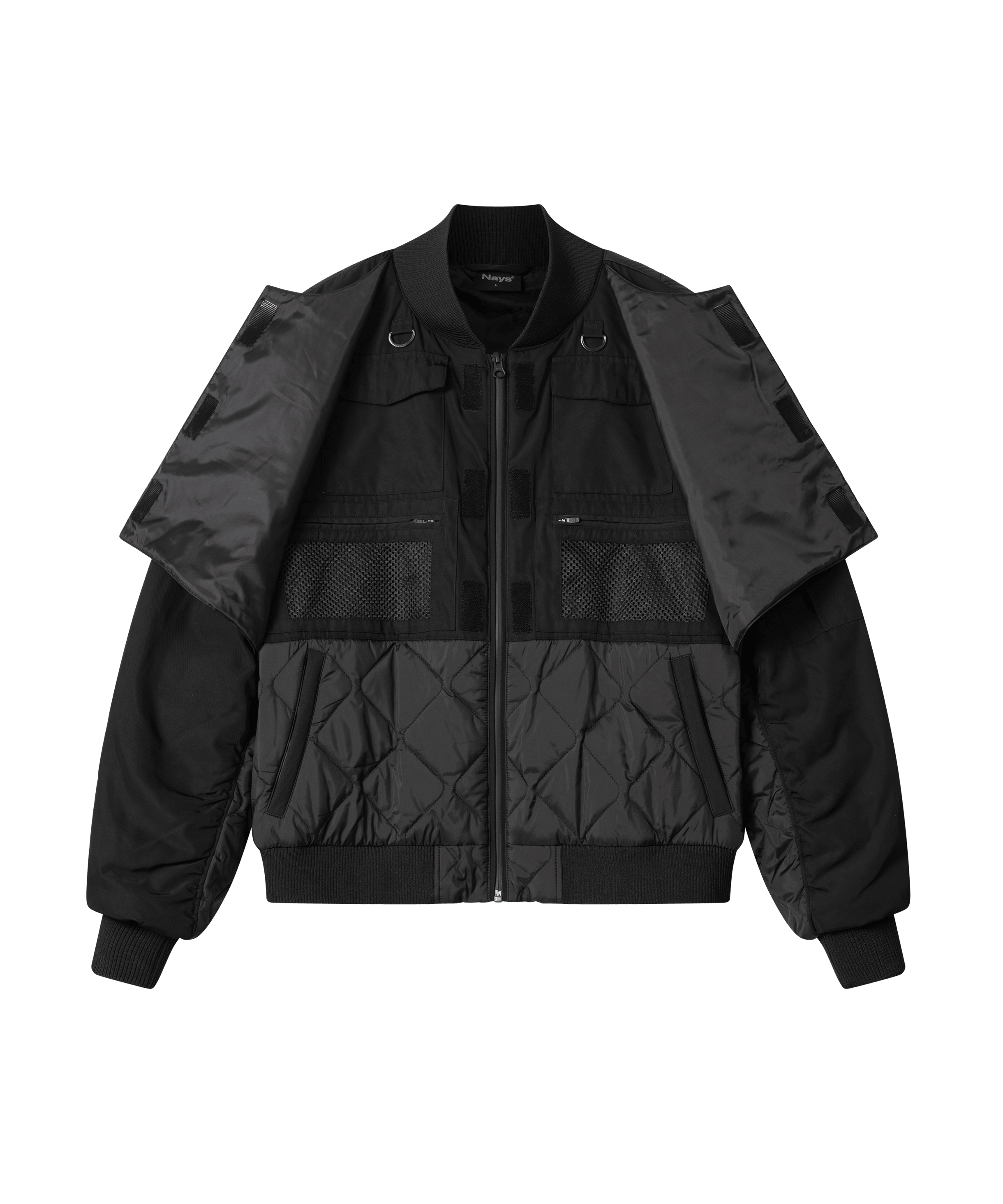 Nays Bomber Jacket mit Stehkragen, geöffnete Brusttaschen mit Blick auf weitere verdeckte Taschen, ideal für urbanen Stil und Funktionalität.