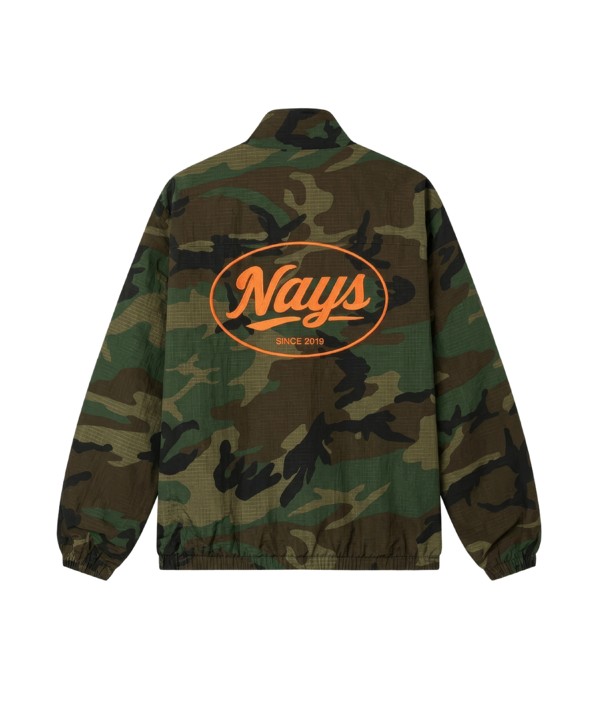 Nays Camouflage-Jacket – Rückansicht mit orangefarbenem Logo-Print.