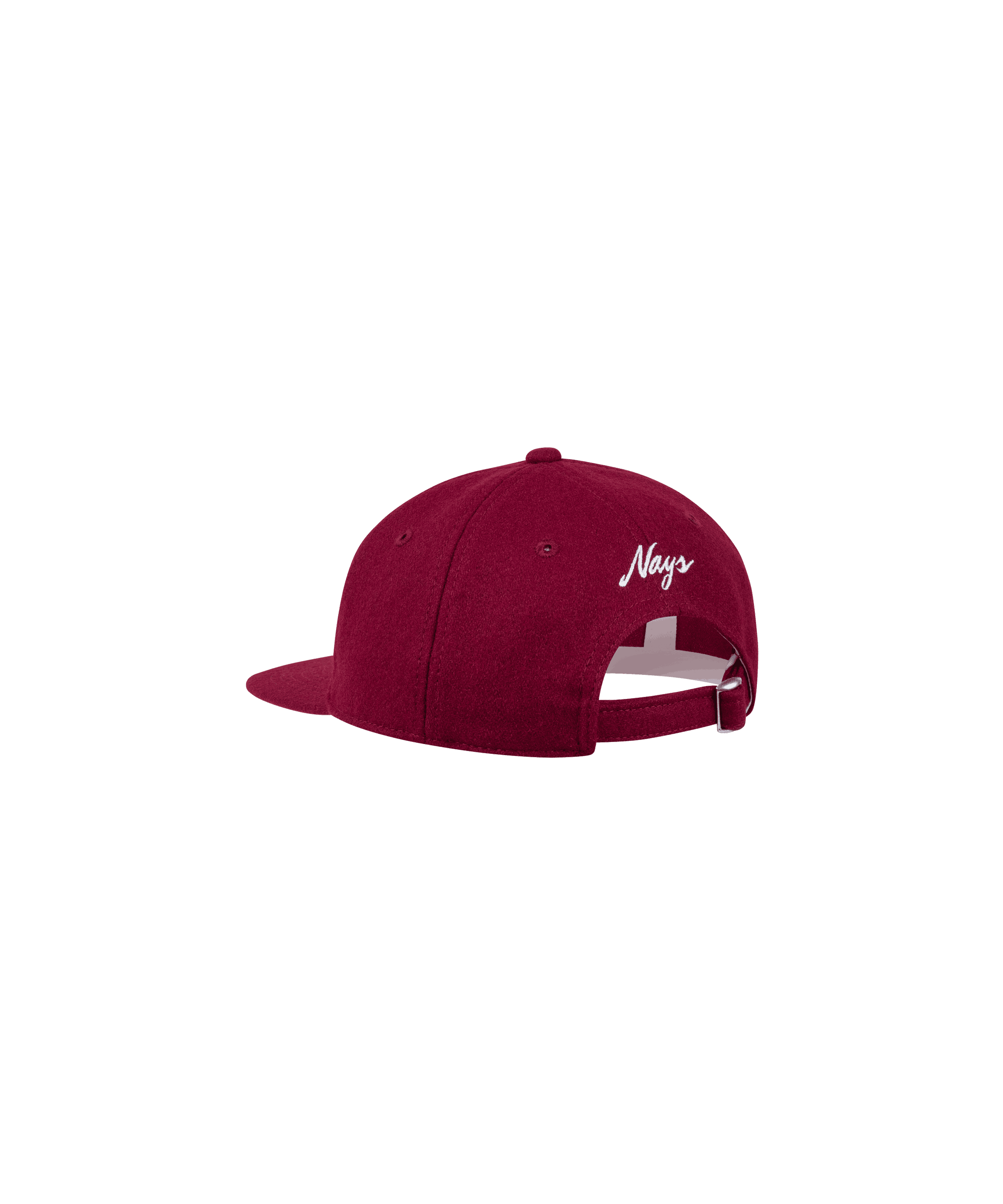 Rote Nays Felt Cap aus robustem Filz mit weißem Logo von hinten betrachtet, bietet stilvollen Tragekomfort und zeitloses Design, ideal für kühlere Tage oder als modisches Accessoire.