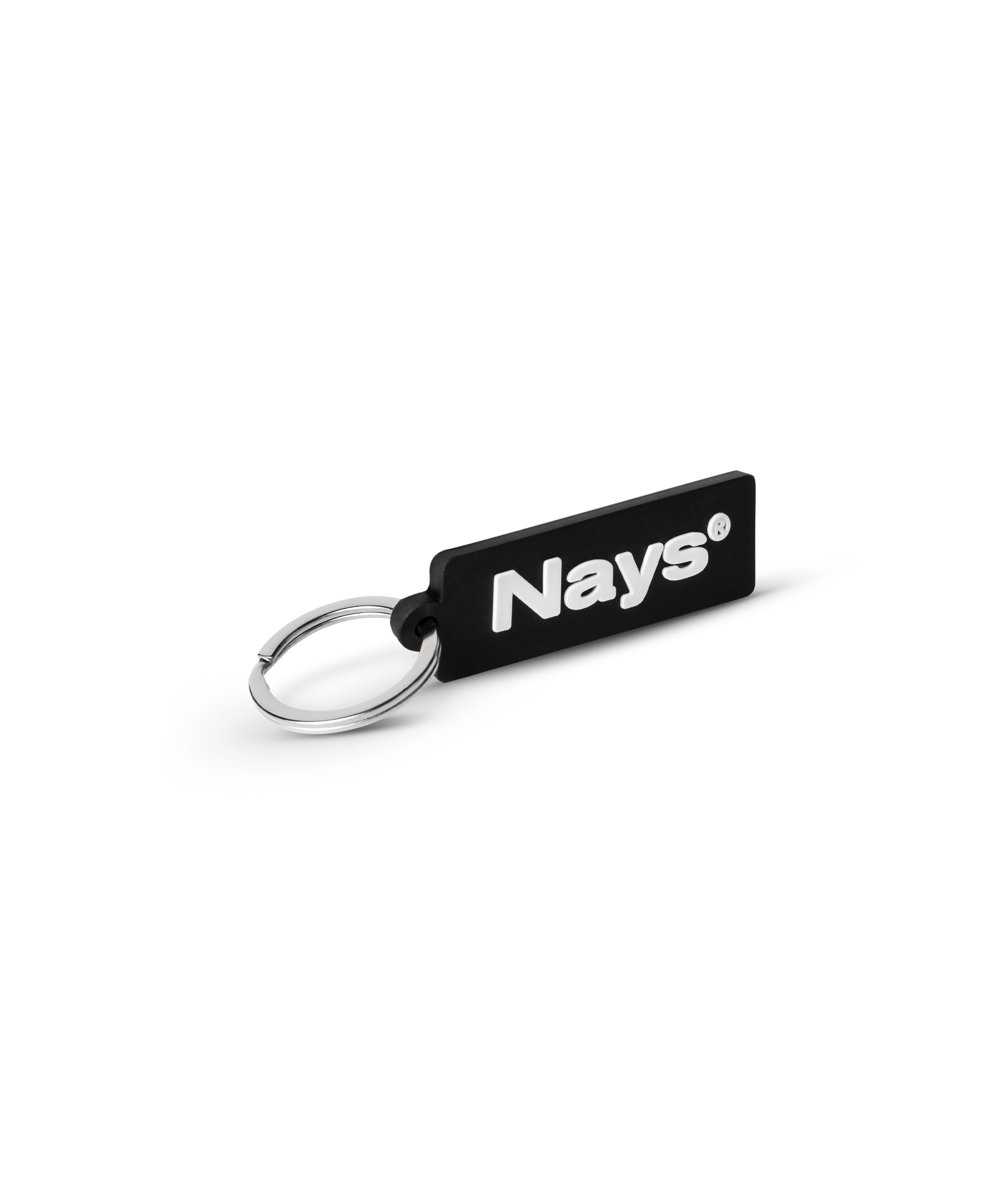 Nays Key Chain aus Gummi und Metall, modernes Design mit weißem Text auf schwarzem Hintergrund, langlebig und robust.
