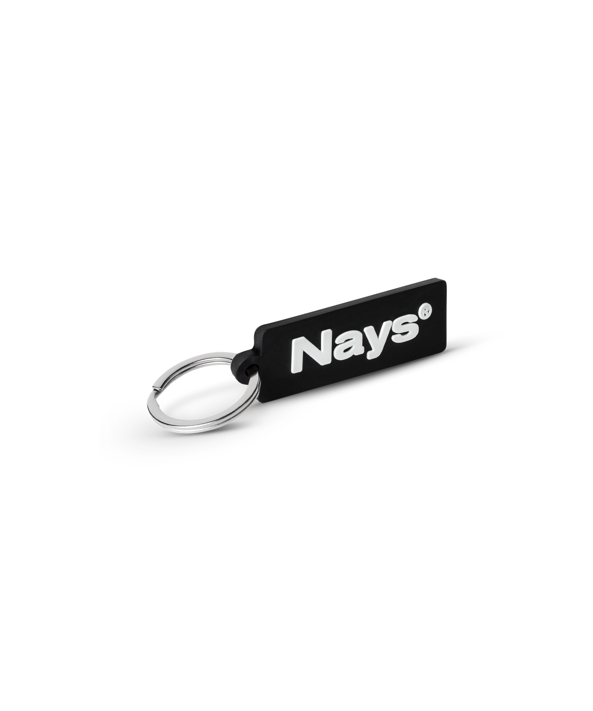 Nays Key Chain aus Gummi und Metall, modernes Design mit weißem Text auf schwarzem Hintergrund, langlebig und robust.