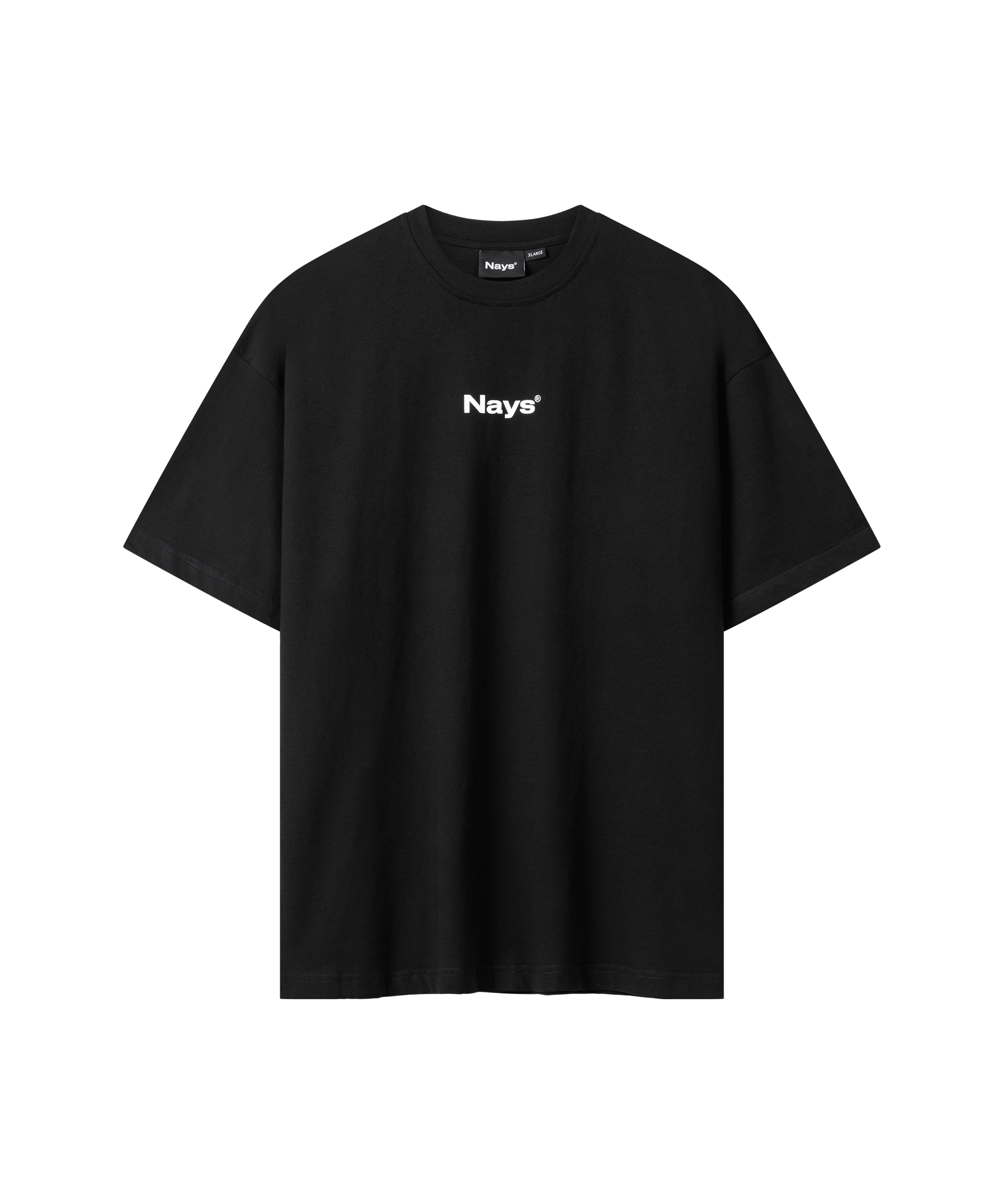 Das Bild zeigt ein schwarzes Basic T-Shirt mit kleinem, mittig auf der Brust platziertem weißen Nays-Logo-Print.
