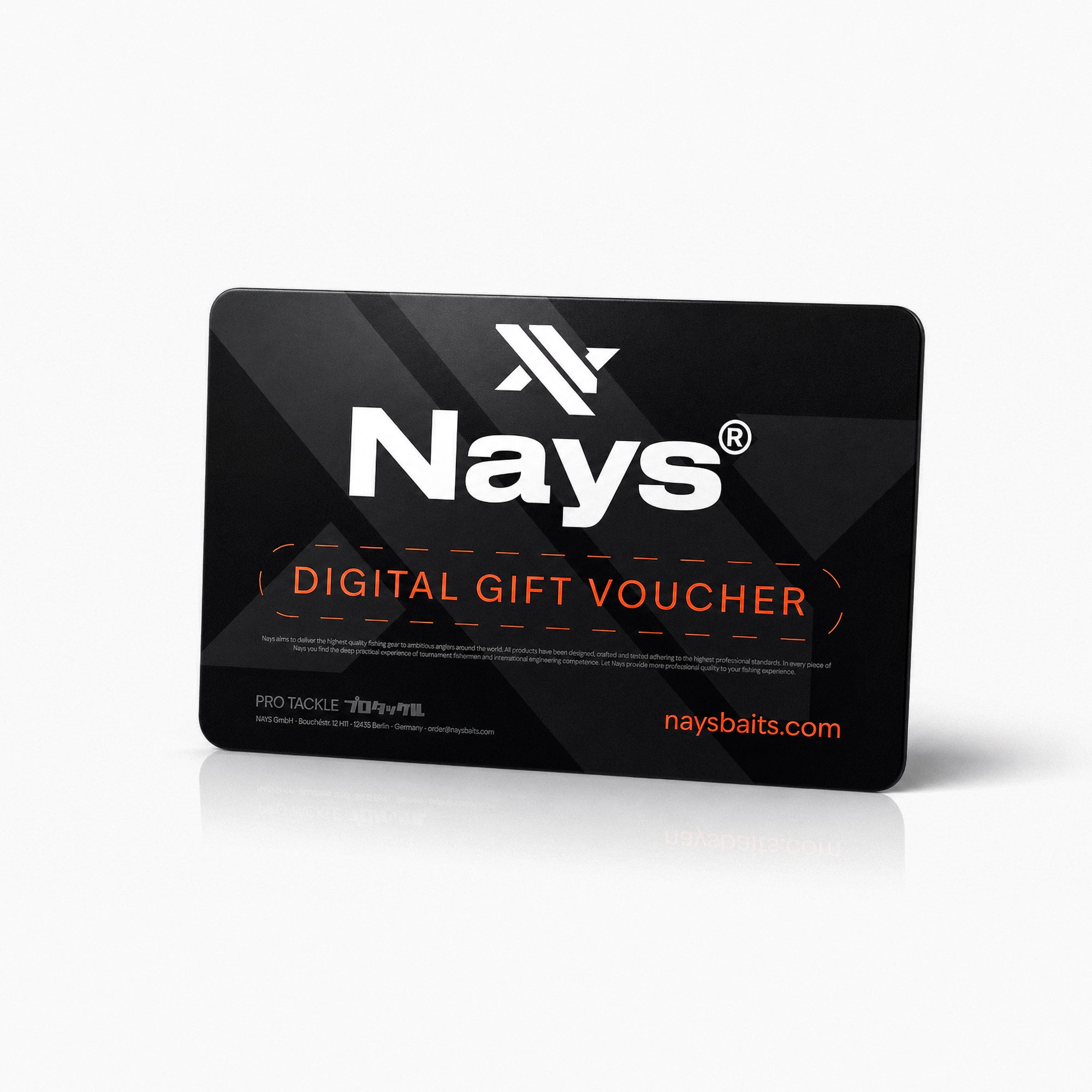 Nays Digital Gift Voucher in schwarzem Premium-Design mit orangefarbenen Akzenten und Nays Branding.