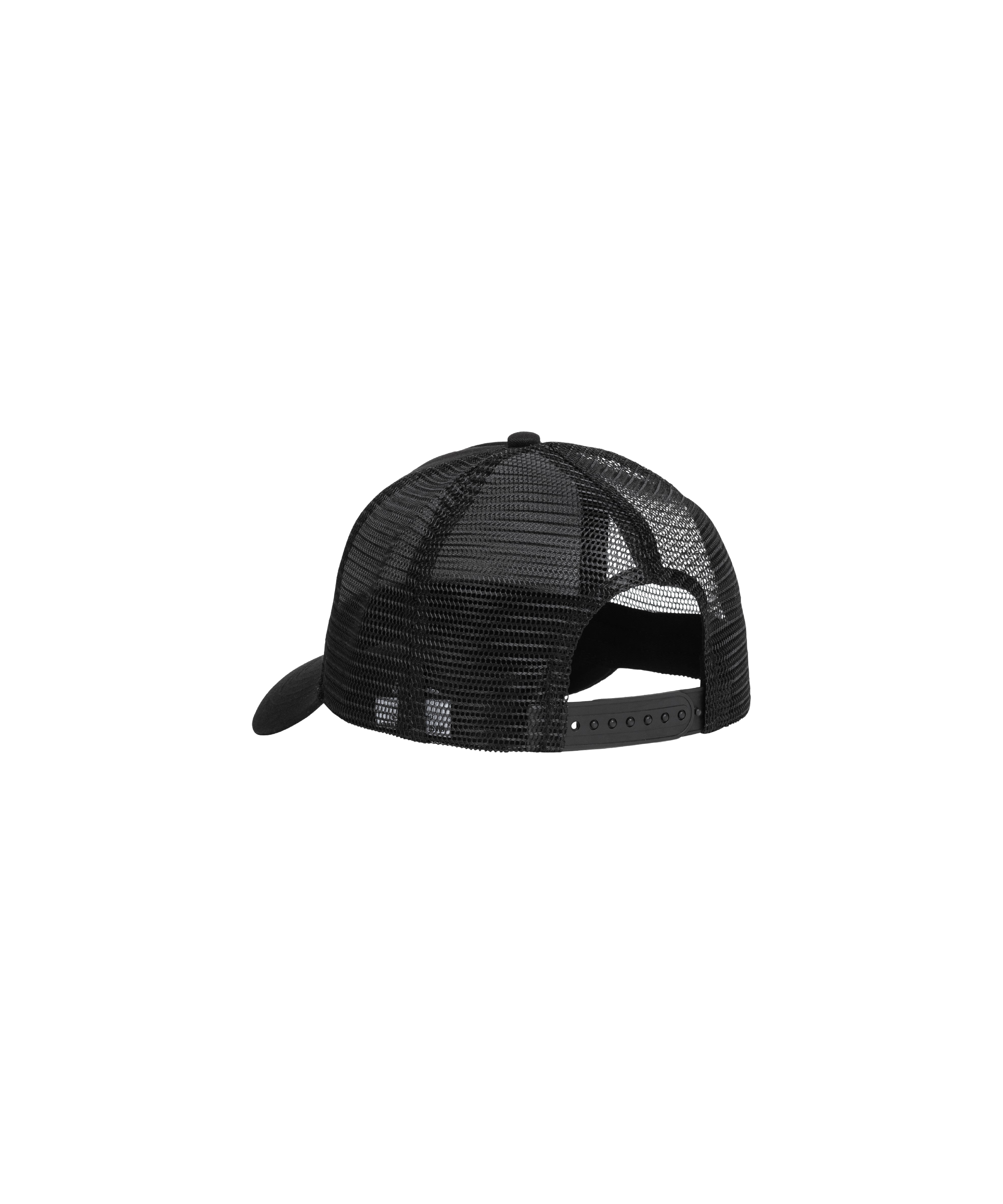 Das Bild zeigt eine schwarze Schirm-Mütze mit Mesh-Gewebe im gleichen Farbton. Der schwarze, größenverstellbare Riemen ist sichtbar.