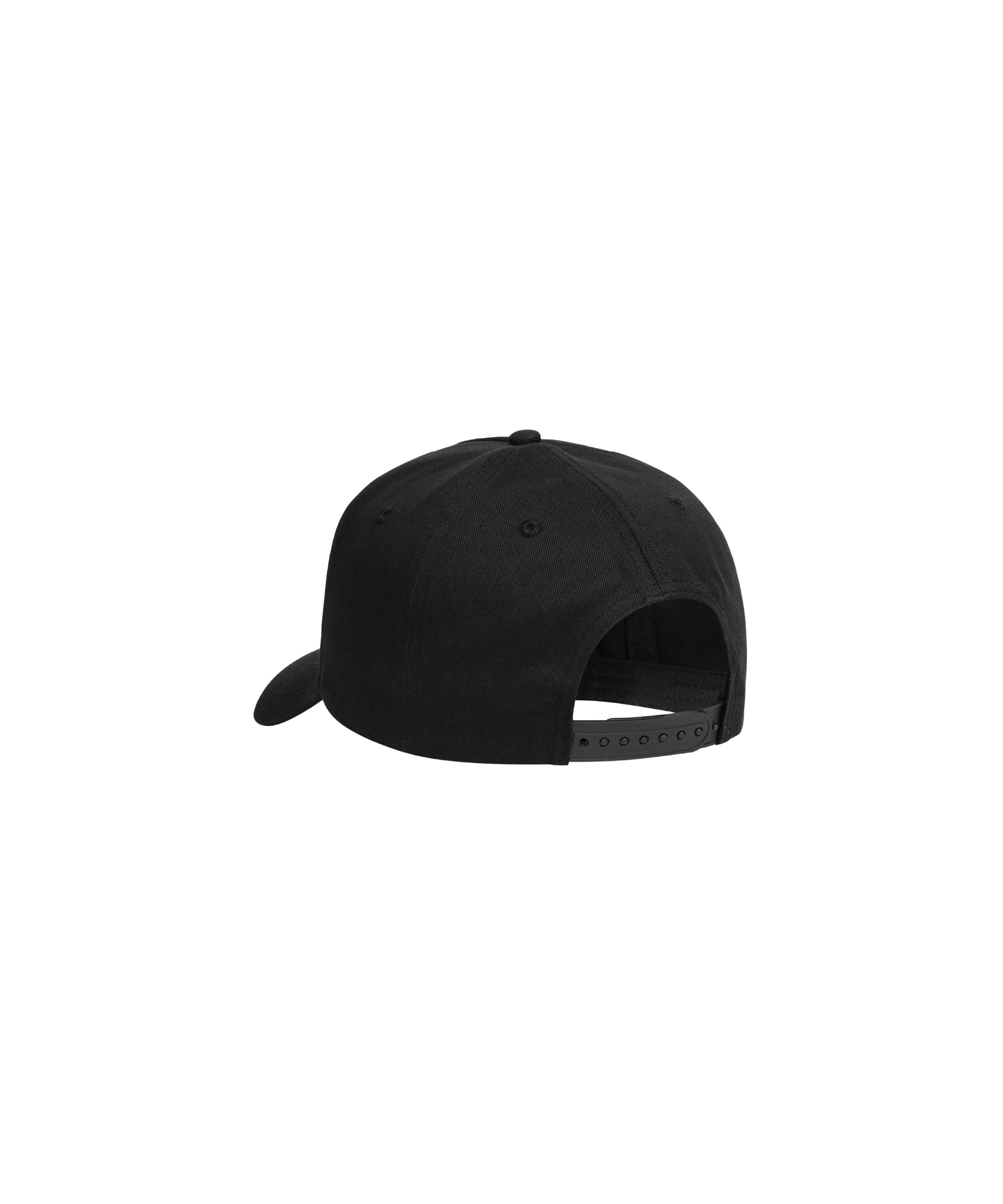 Das Bild zeigt eine schwarze Schirm-Mütze von hinten. Zu sehen ist der tonale größen-verstellbare Riemen.,