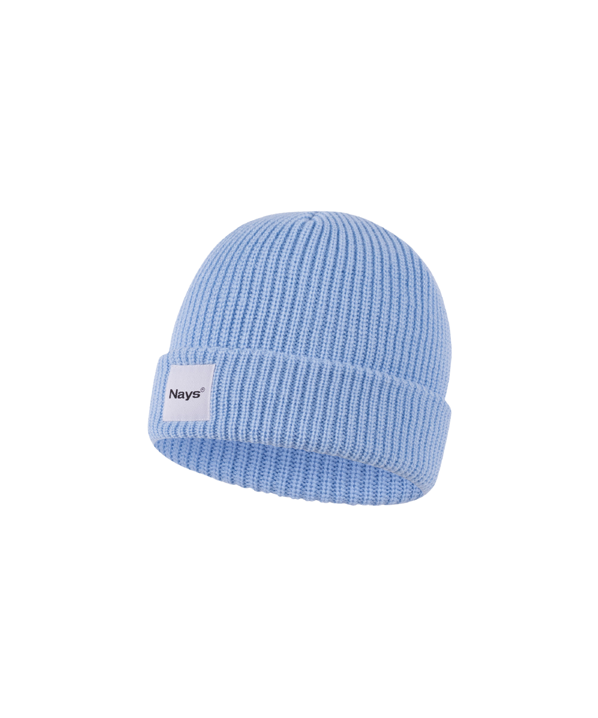 Hell-Blaue Strickmütze mit breitem Umschlag in der Seiten-Perspektive. Auf dem Umschlag ist mittig ein weißes Etikett mit der schwarzem Nays Logo Schriftzug.