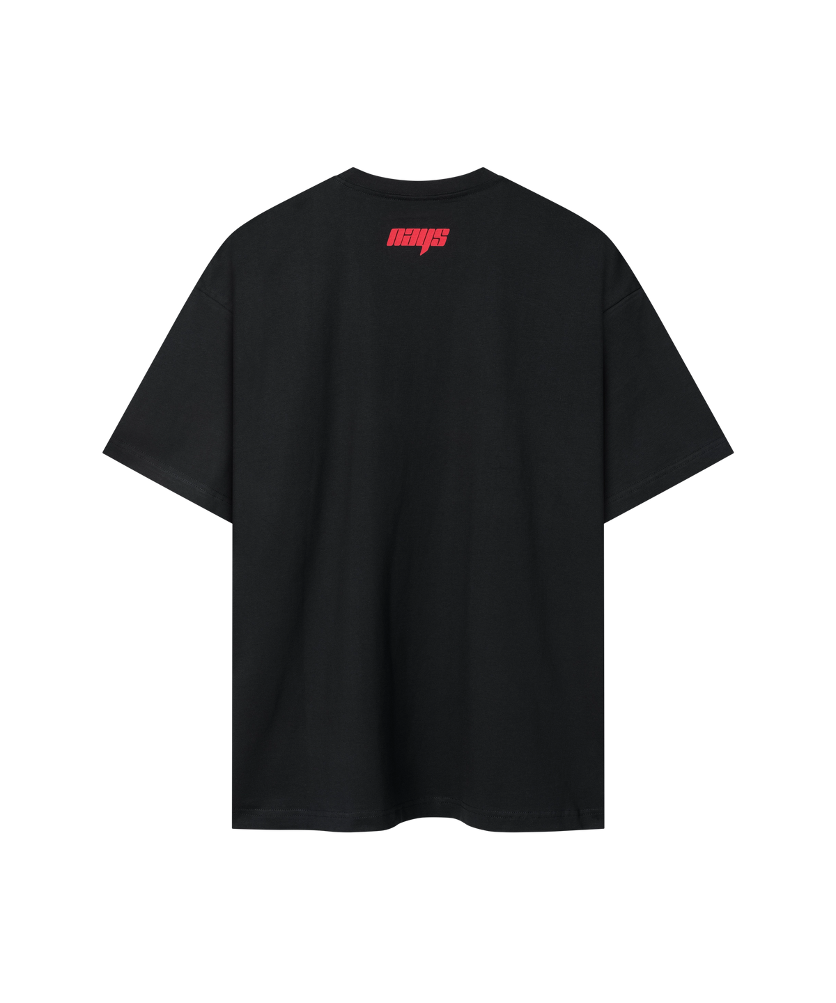 Schwarzes Nays Pro Tackle T-Shirt mit rotem Logo am Nacken - Rückansicht.