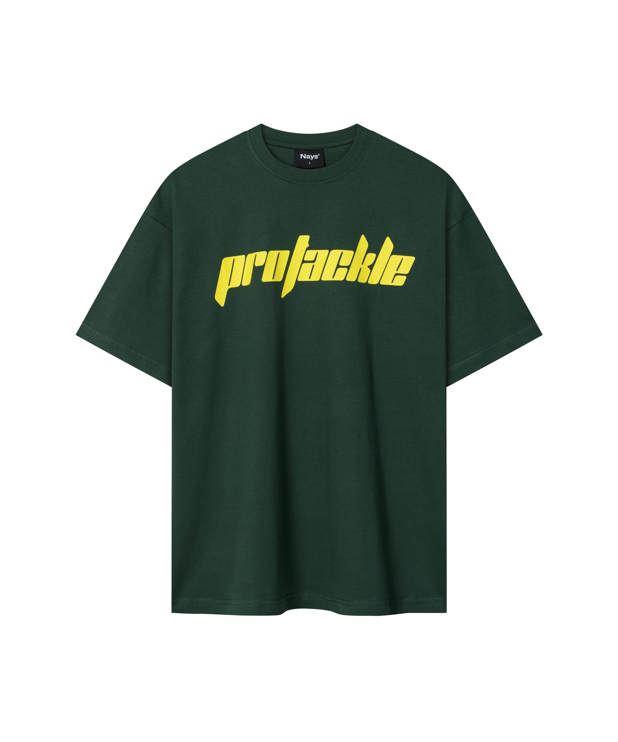 Dunkelgrünes Nays Pro Tackle T-Shirt mit gelbem Schriftzug - Frontansicht.
