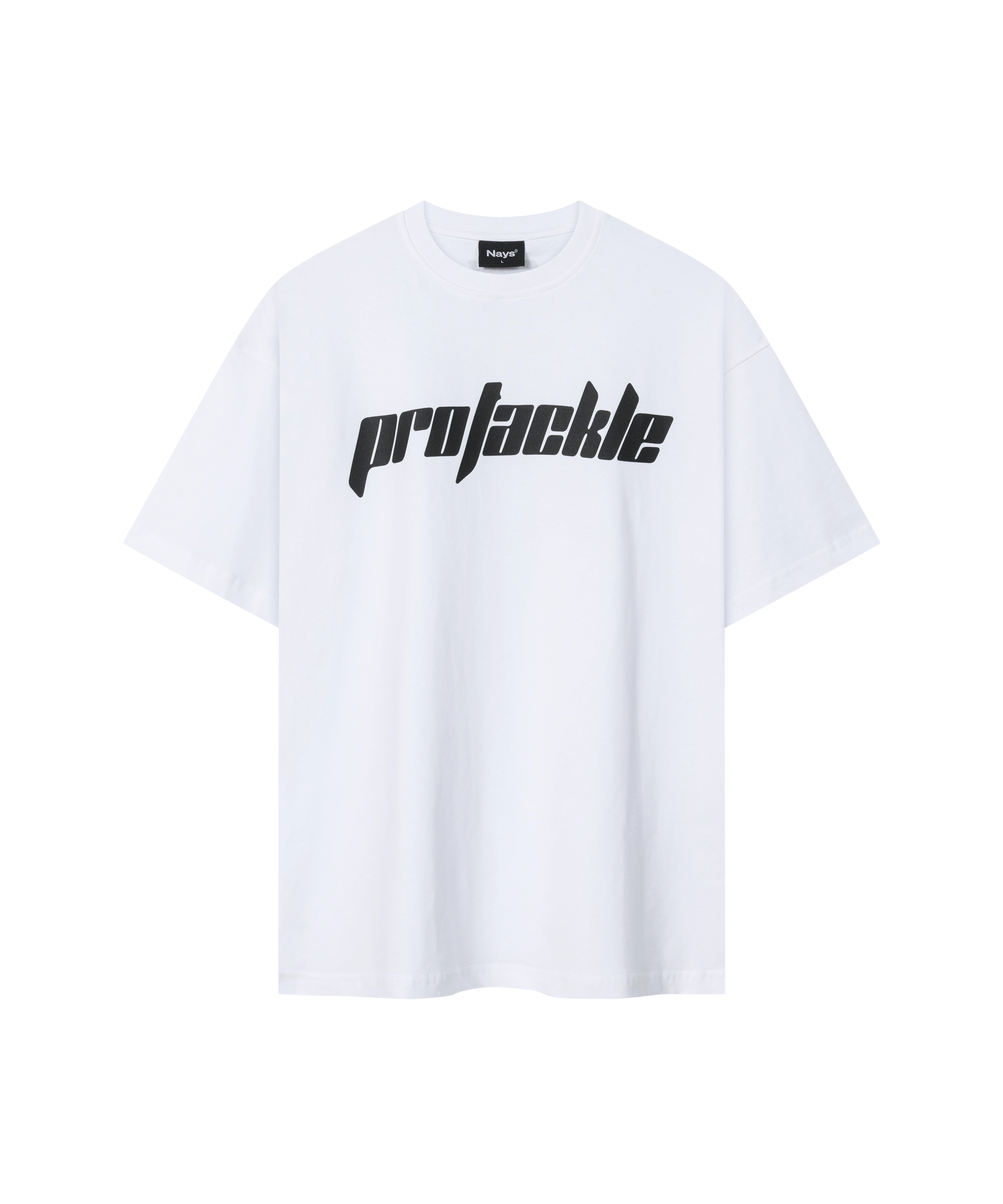 Weißes Nays Pro Tackle T-Shirt mit schwarzem Schriftzug - Frontansicht.