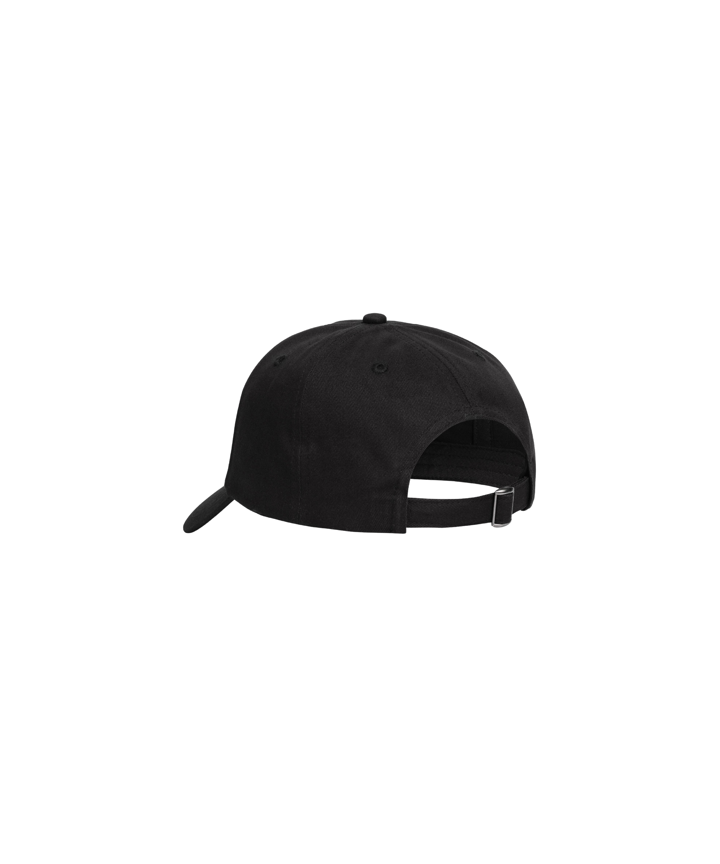 Eine schwarze Schirmmütze von hinten - gut zu erkennen ist ein größenverstellbarer Riemen.