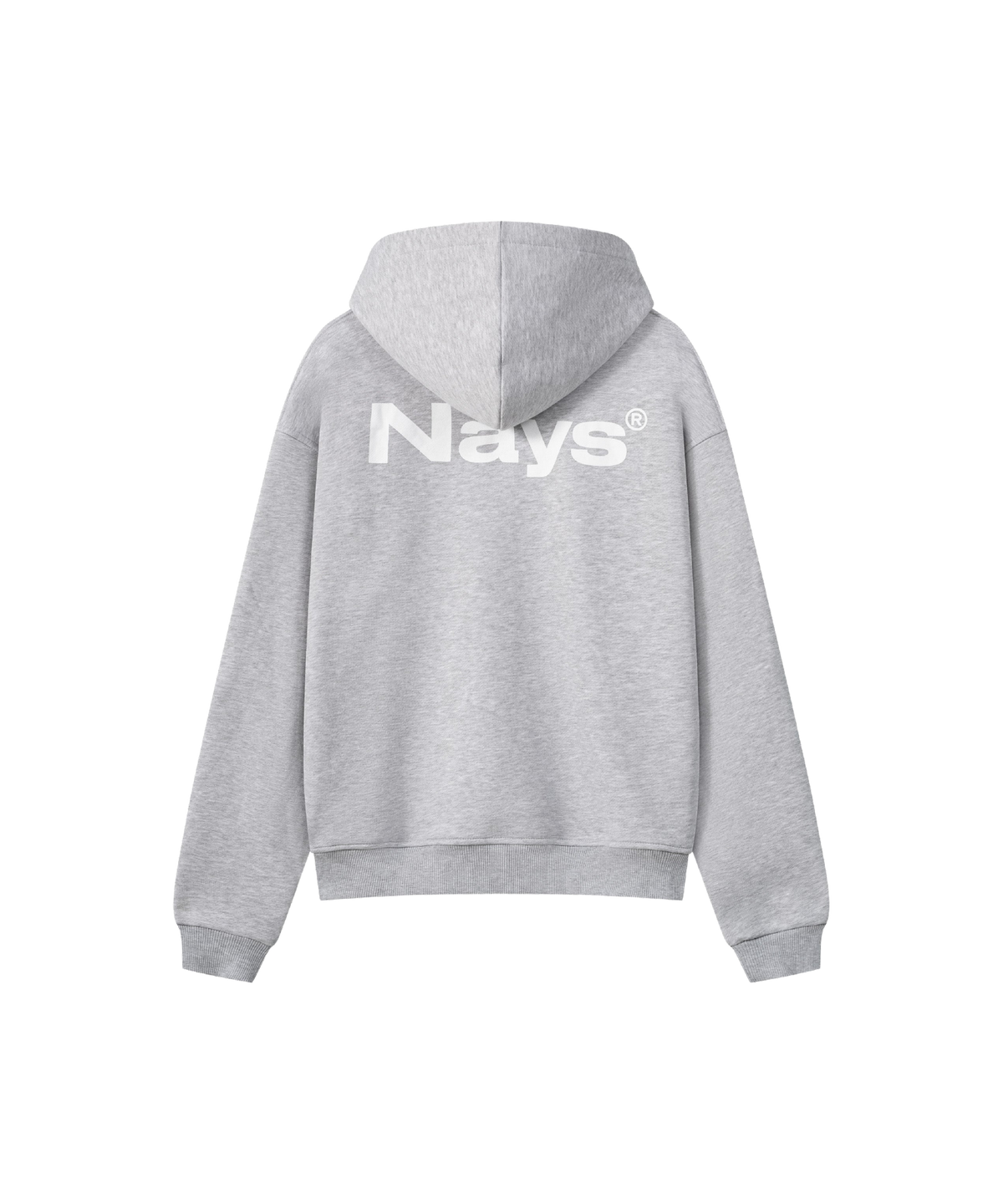 Ein hell-grauer Kapuzen-Pullover mit großem weißen Logo-Schriftzug auf dem Rücken.
