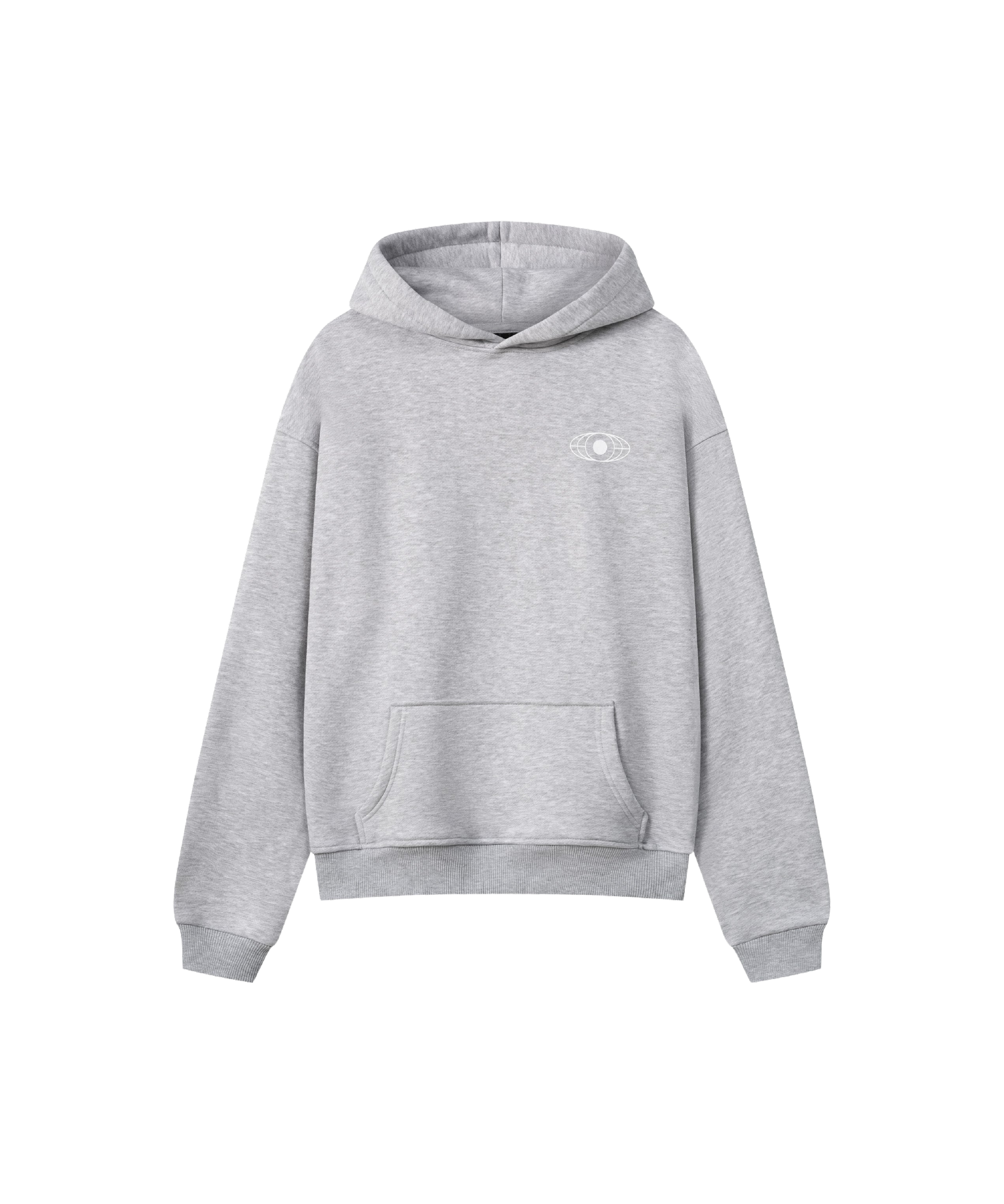 Ein hell-grauer Kapuzen-Pullover mit einem dezenten, weißen Print auf der linken Brust, der an einen Globus erinnert.
