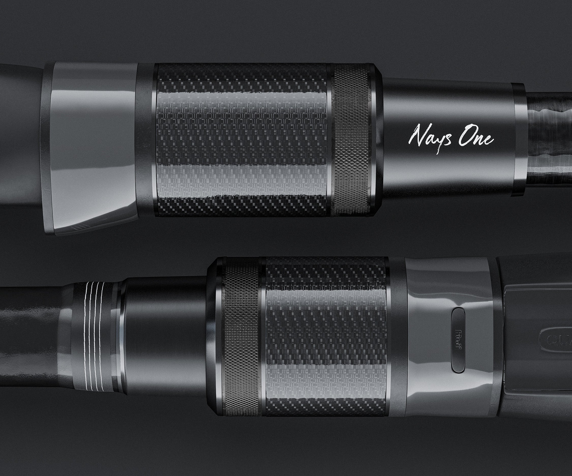 Das Bild zeigt eine Detailansicht der zweigeteilten Nays One Spinn-Angelrute. Oben ist der Rollenhalter der Spinn-Rute zu sehen - unten der Rollenhalter der Casting -Rute. Die Carbon-Optik des Verschluss-Ringes beider Rollenhalter kommt besonders zur Geltung.