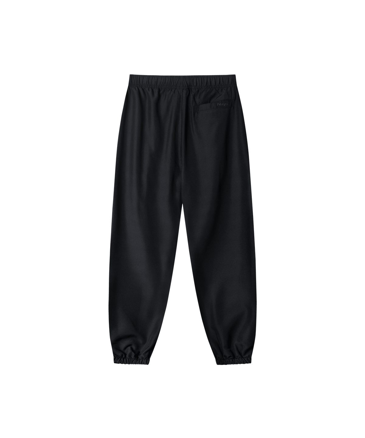 Schwarze Nays Summer Pants aus leichtem, atmungsaktivem Material in der Rückansicht. Ideal geschnitten für vielseitige Outfits. Perfekt für Alltag, Büro und Freizeit. Rechts Gesäß-Tasche mit tonalem Logo.