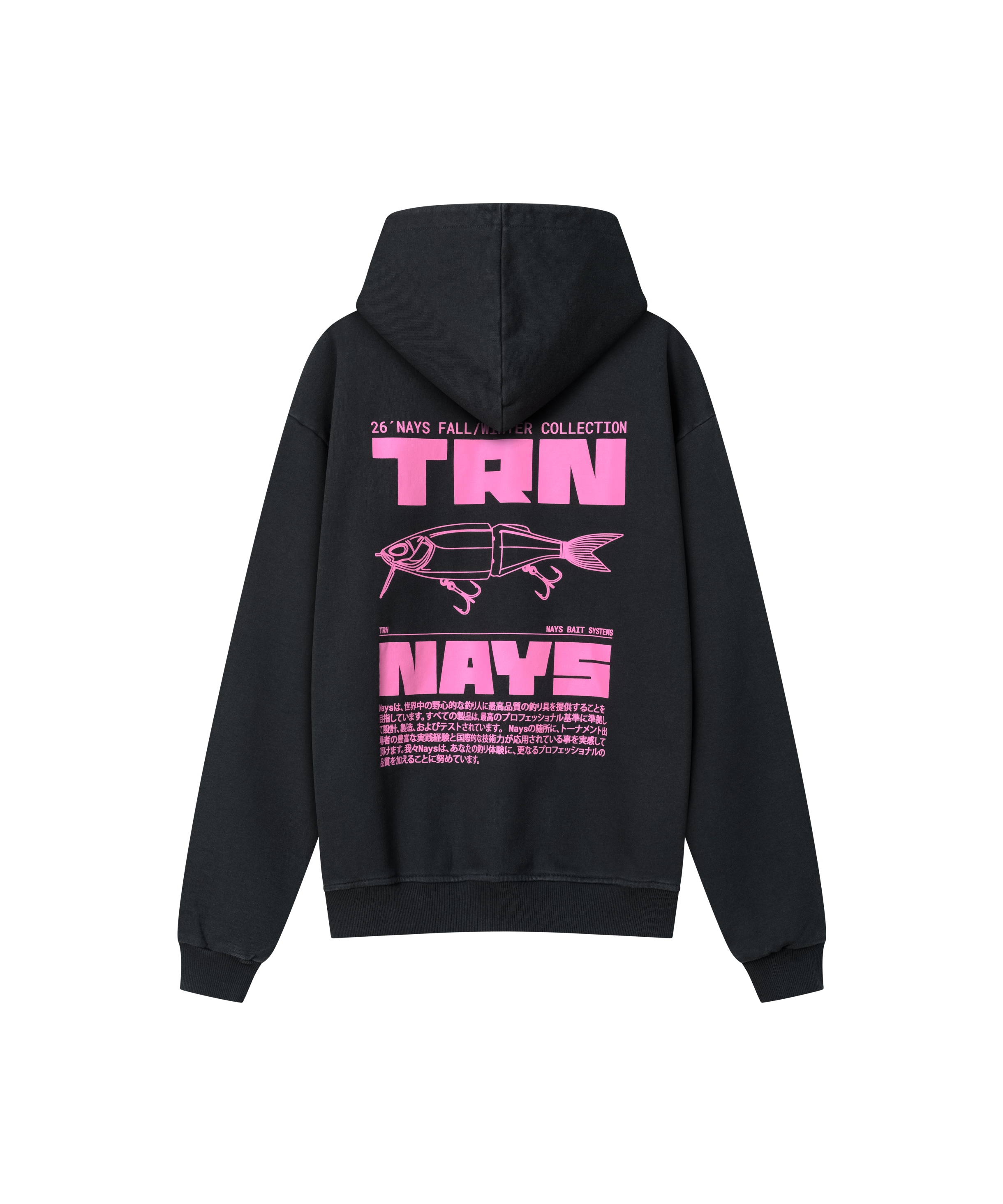 Schwarzer Herren-Hoodie, Rückansicht mit knallpinkem Nays TRN Baits Köder-Print.