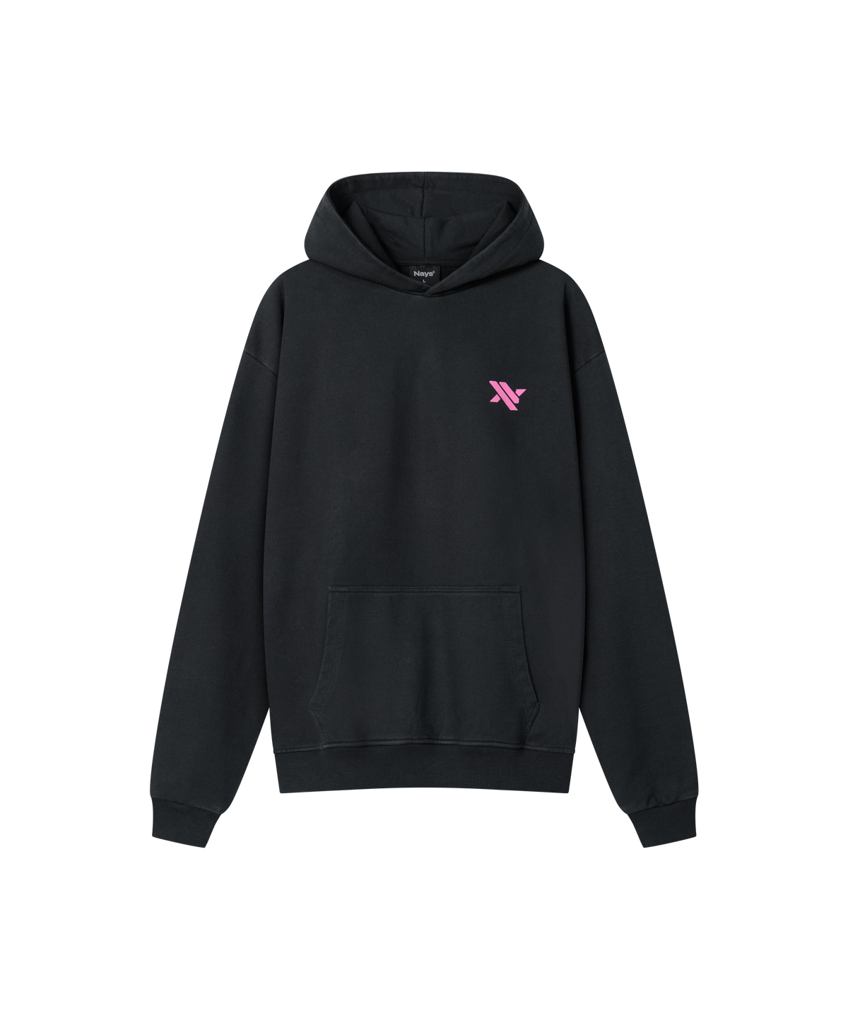 Schwarzer Kapuzenpullover für Herren, Vorderansicht mit pinkem Nays-Logo auf der linken Brust und Kängurutasche.