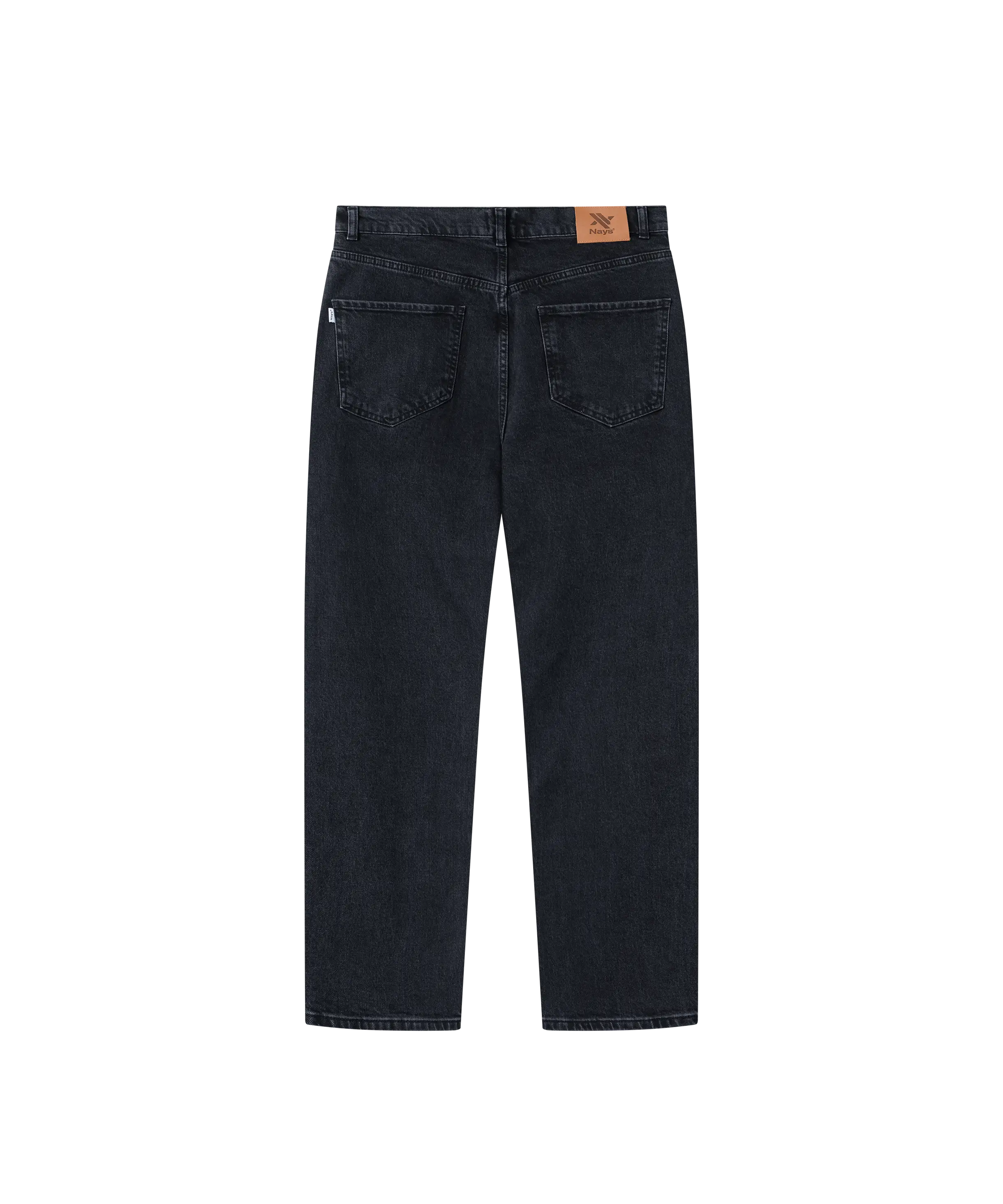 Nays Regular Fit Jeans in dunklem Denim, Rückansicht mit Lederetikett, zwei Gesäßtaschen und Gürtelschlaufen, gerade Beinform mit sichtbaren Nähten.