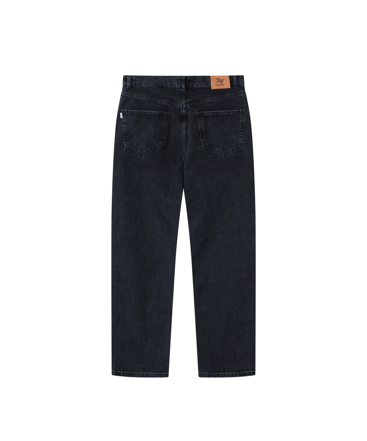 Nays Regular Fit Jeans in dunklem Denim, Rückansicht mit Lederetikett, zwei Gesäßtaschen und Gürtelschlaufen, gerade Beinform mit sichtbaren Nähten.