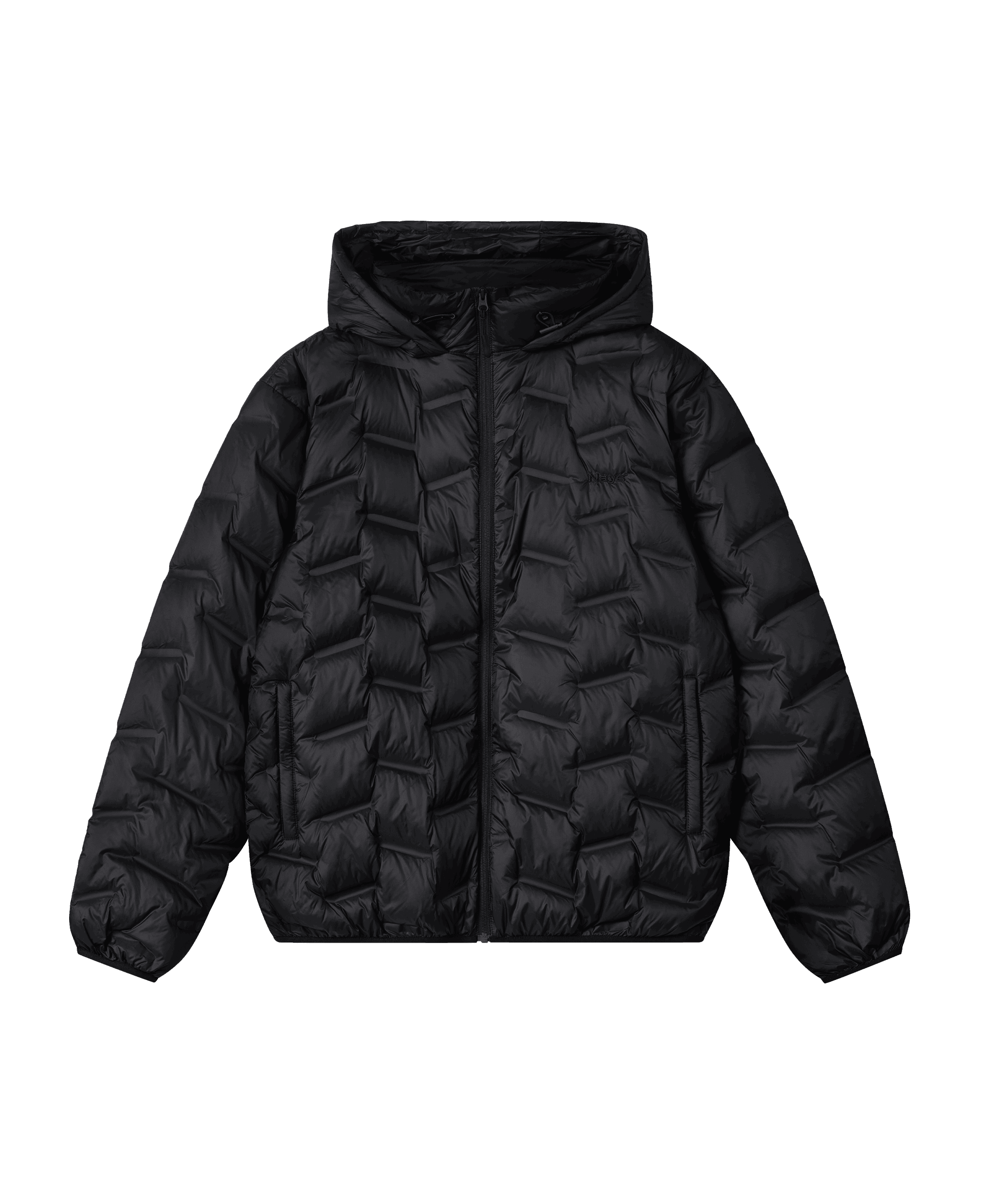 Nays Lightweight Down Jacket in schwarz, mit Kapuze und YKK Reißverschlüssen, ideal als isolierende Schicht oder eigenständig für kalte Tage.