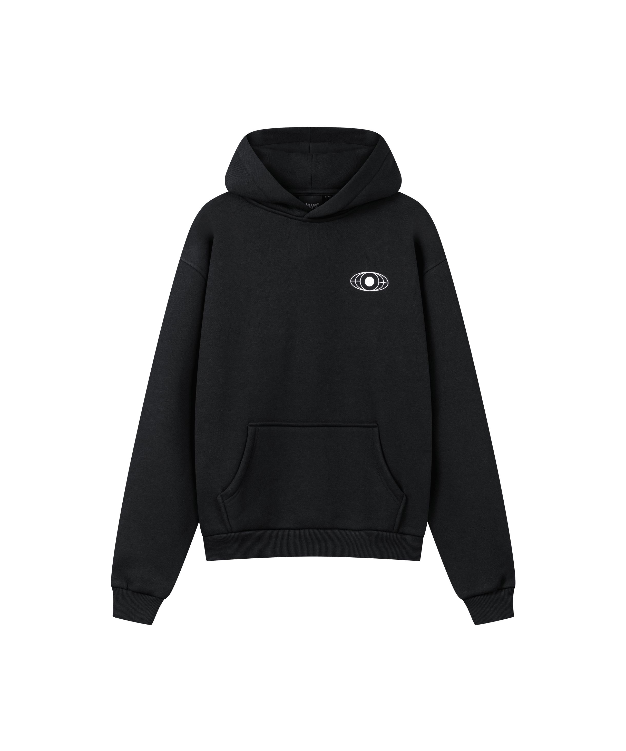 Ein schwarzer Kapuzen-Pullover mit einem dezenten, weißen Print auf der linken Brust, der an einen Globus erinnert.
