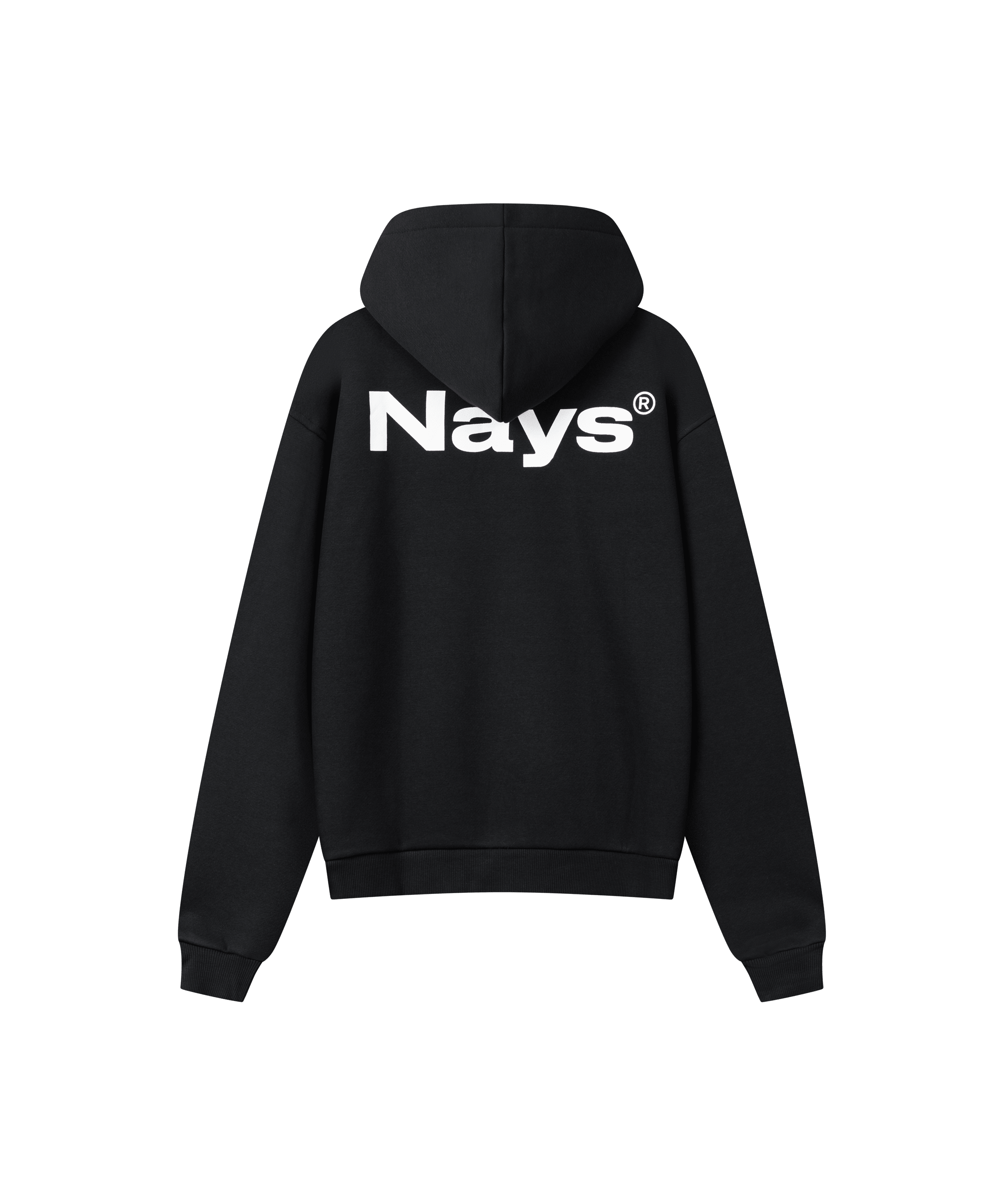 Ein schwarzer Kapuzen-Pullover mit großem weißen Logo-Schriftzug auf dem Rücken.
