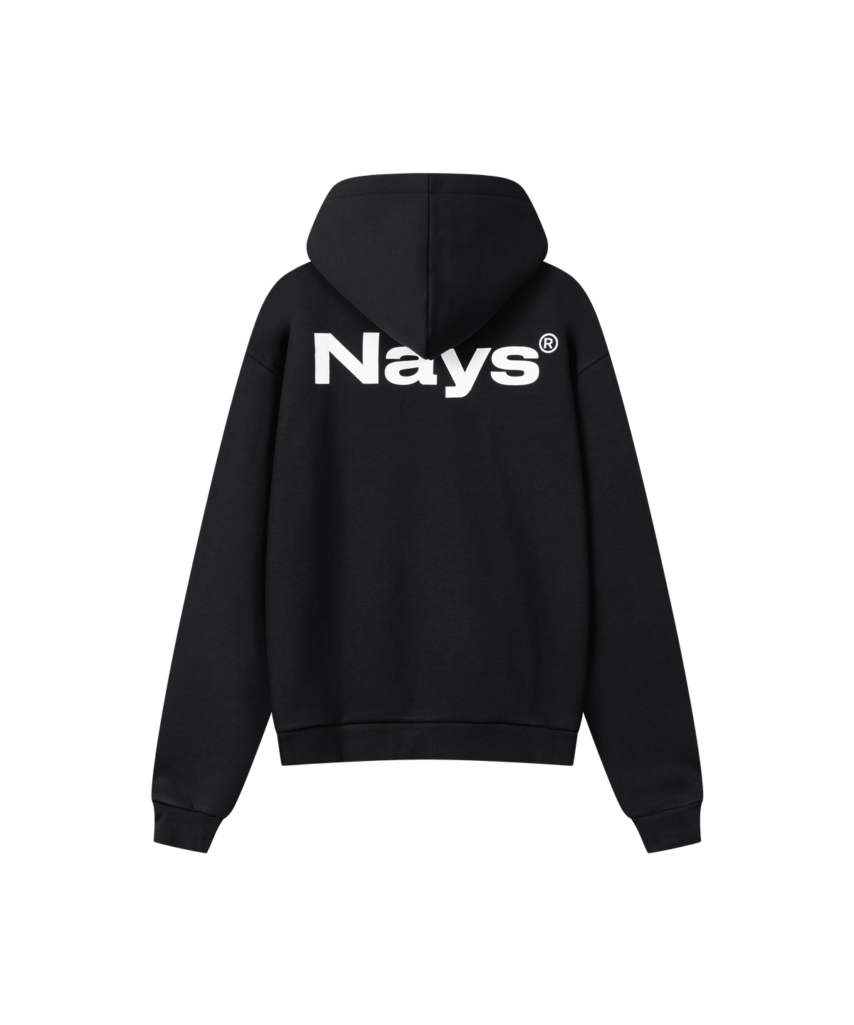 Ein schwarzer Kapuzen-Pullover mit großem weißen Logo-Schriftzug auf dem Rücken.