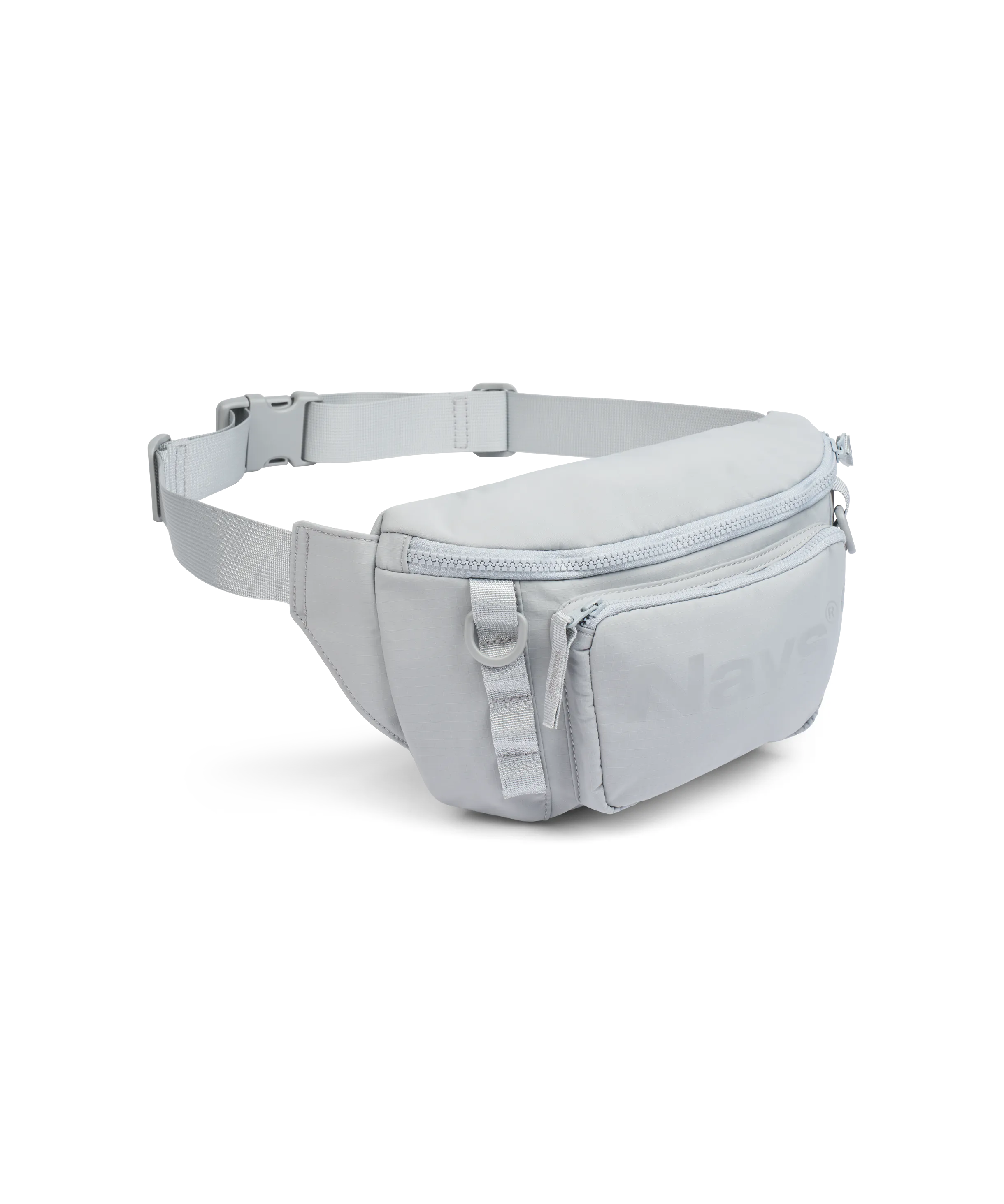 Seitenansicht Hellgraue Nays Bauchtasche mit großer Fronttasche, D-Ringen und auffälligem Logo-Print.