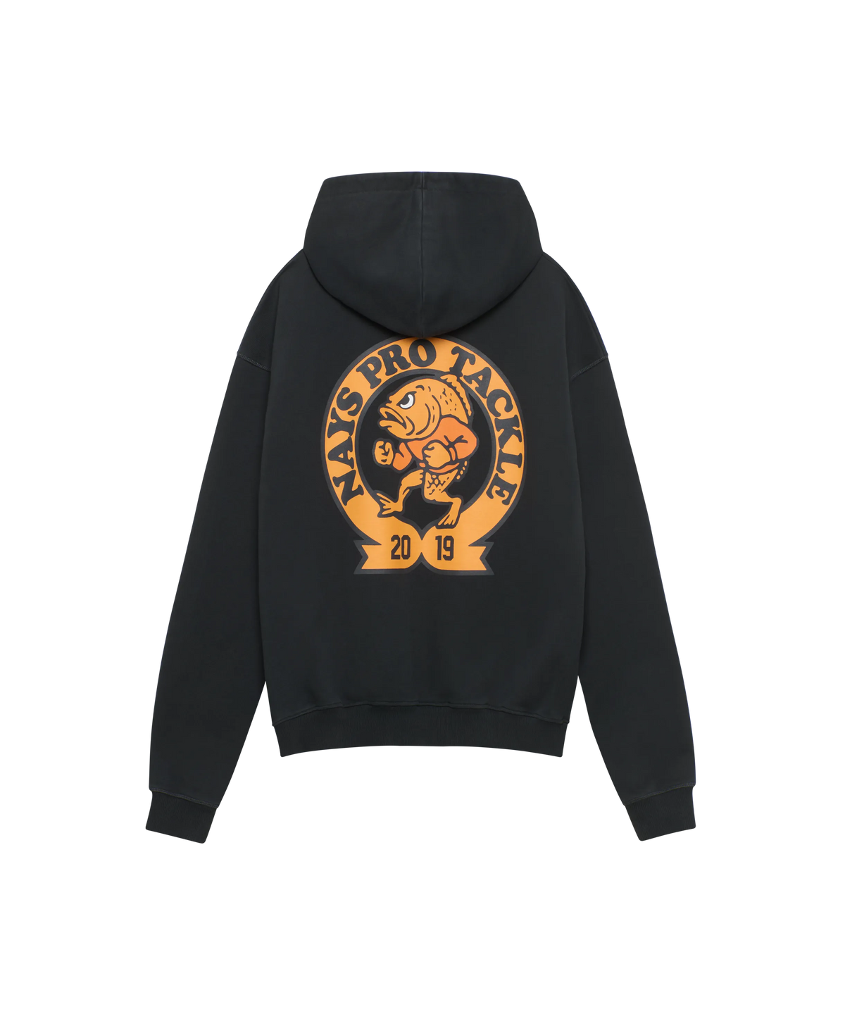 Schwarzer Nays Pro Tackle Hoodie Rückseite mit großem orangem Logo-Backprint.