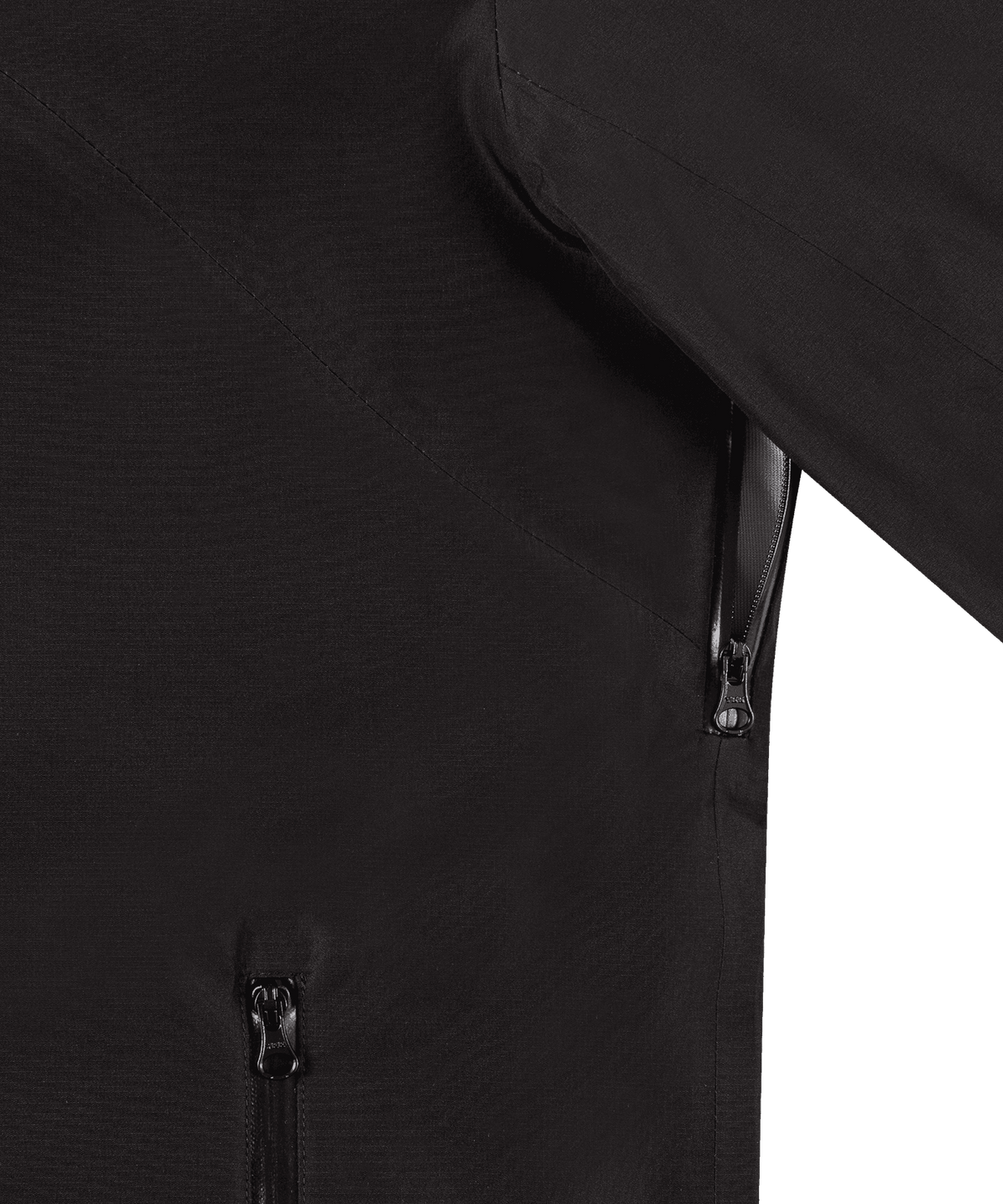 Nahaufnahme der Nays 3L Multifunctional Rain Jacket mit YKK AquaGuard® Reißverschlüssen, verstellbarer Kapuze und Belüftungsreißverschlüssen, ideal für Outdoor-Abenteuer bei starkem Regen.