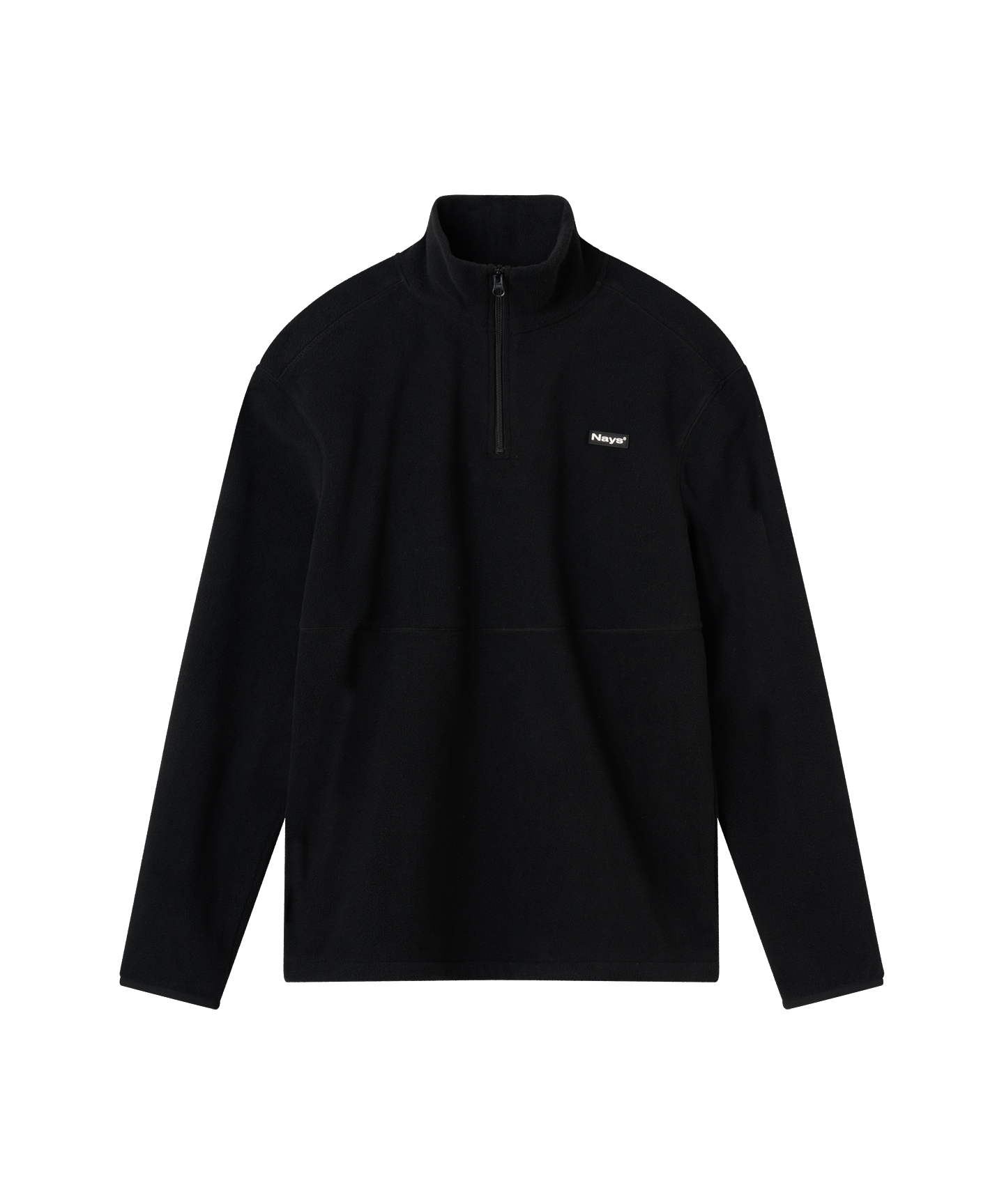 Frontansicht schwarze Fleece Jacke mit Stehkragen von Nays, Reißverschluss am Hals und kleinem Logo auf der linken Brust.