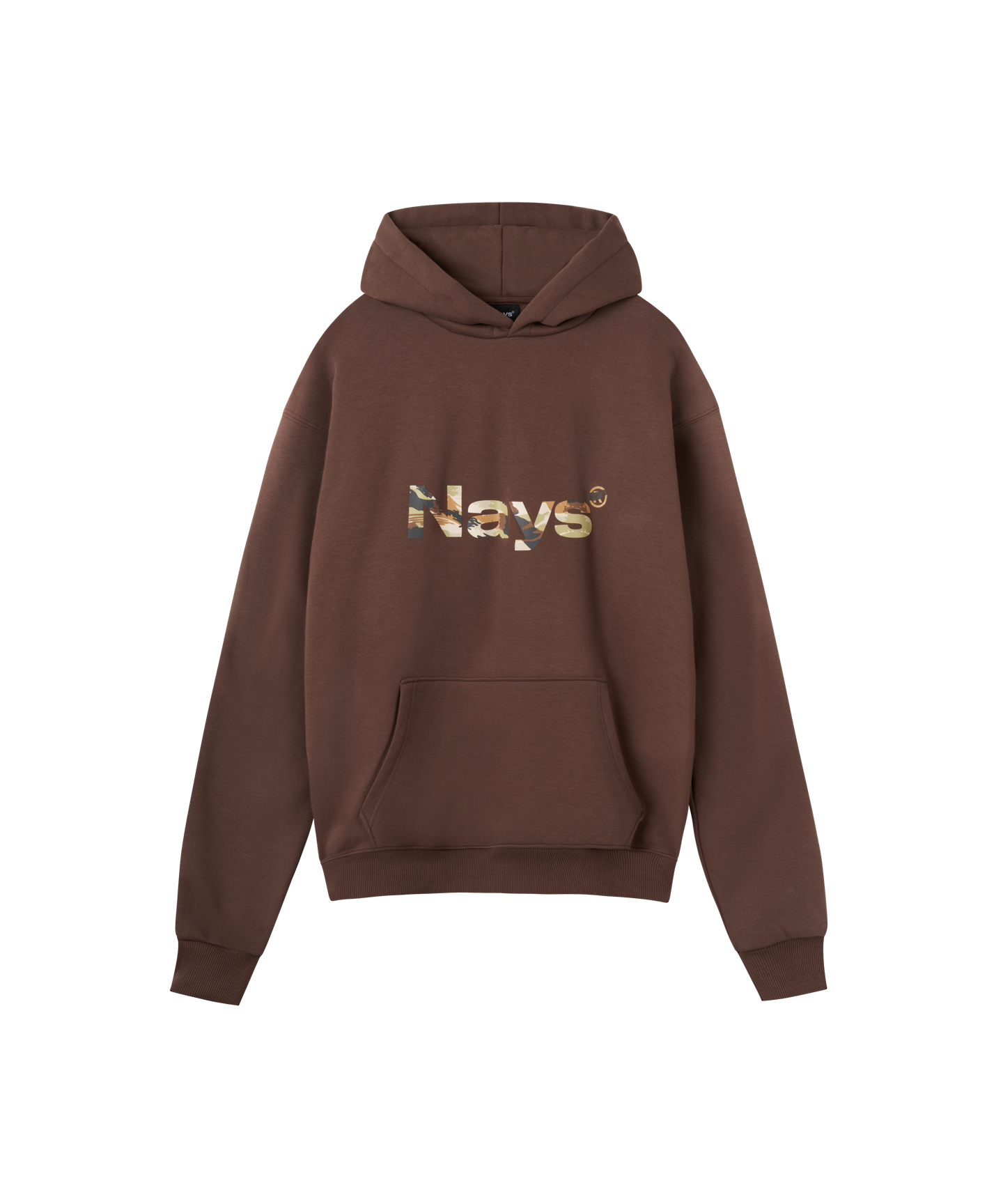 Frontansicht braunes Sweatshirt mit Kapuze von Nays mit Logo in camouflage.