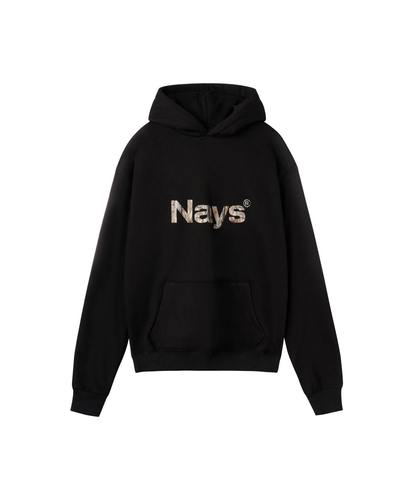 Frontansicht schwarzes Sweatshirt mit Kapuze von Nays mit Logo in camouflage.