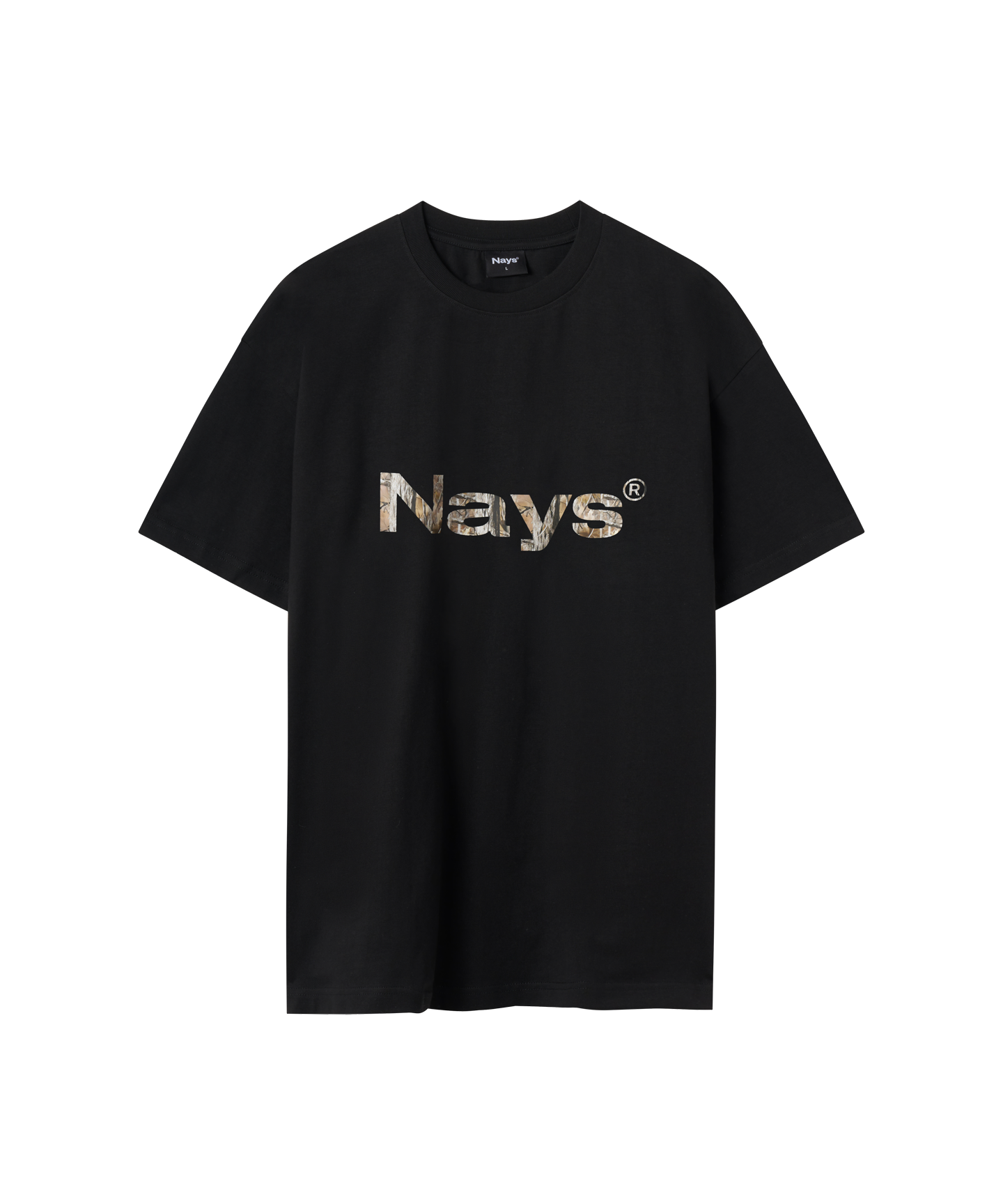 Frontansicht schwarzes T-Shirt von Nays mit Logo in camouflage.
