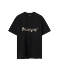 Frontansicht schwarzes T-Shirt von Nays mit Logo in camouflage.