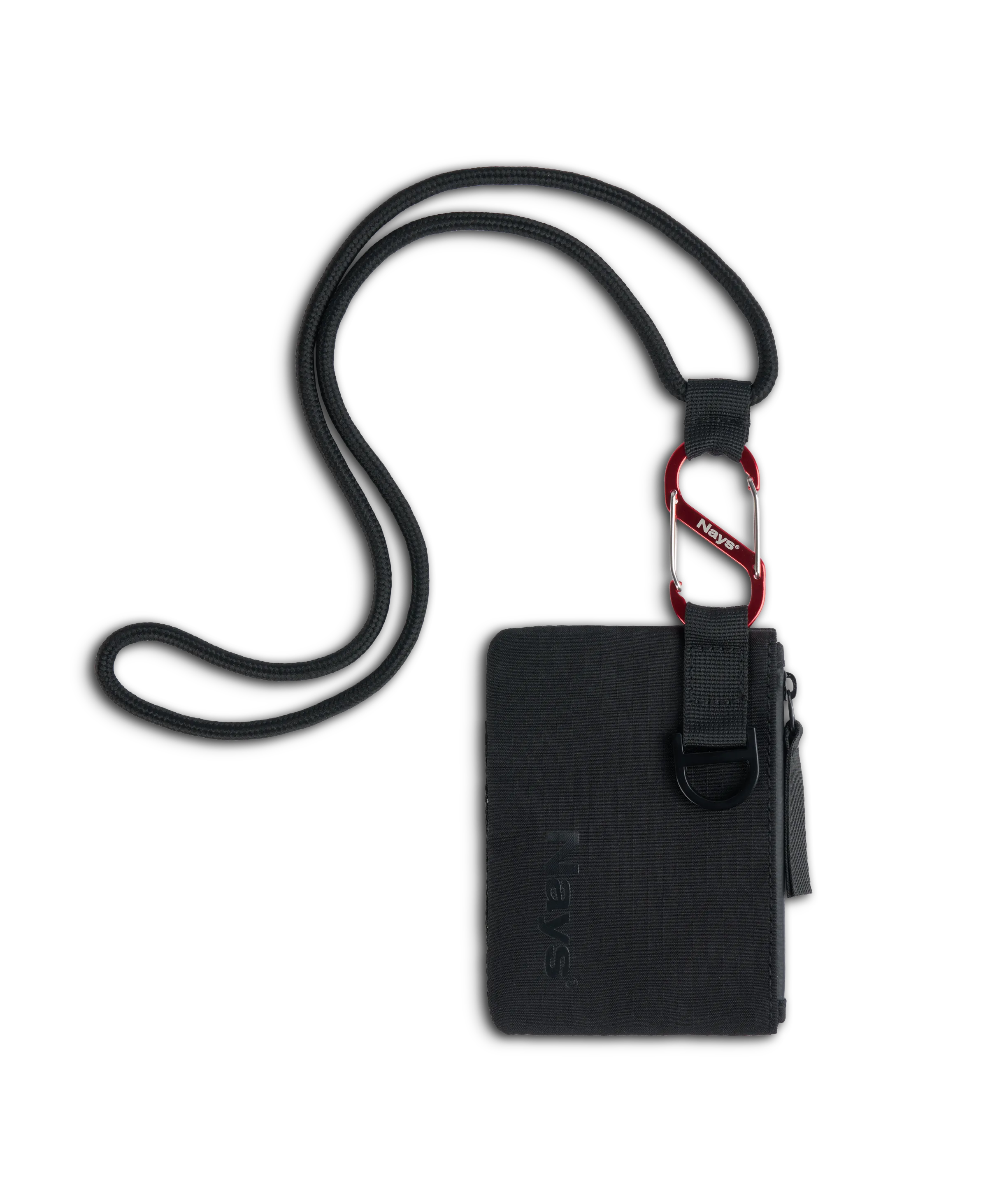 Schwarzes Nays Wallet mit Umhängekordel und rotem S-Karabiner zur Befestigung.