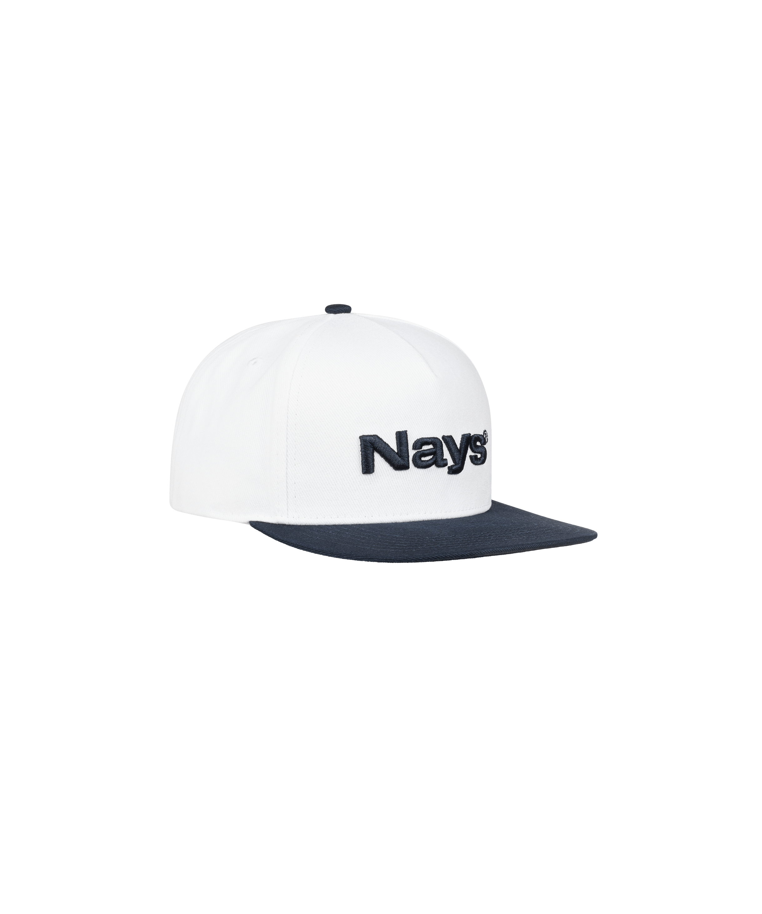 Beige Schirmmütze mit blauem Schirm und schwarzem Logo-Schriftzug auf der Vorderseite.