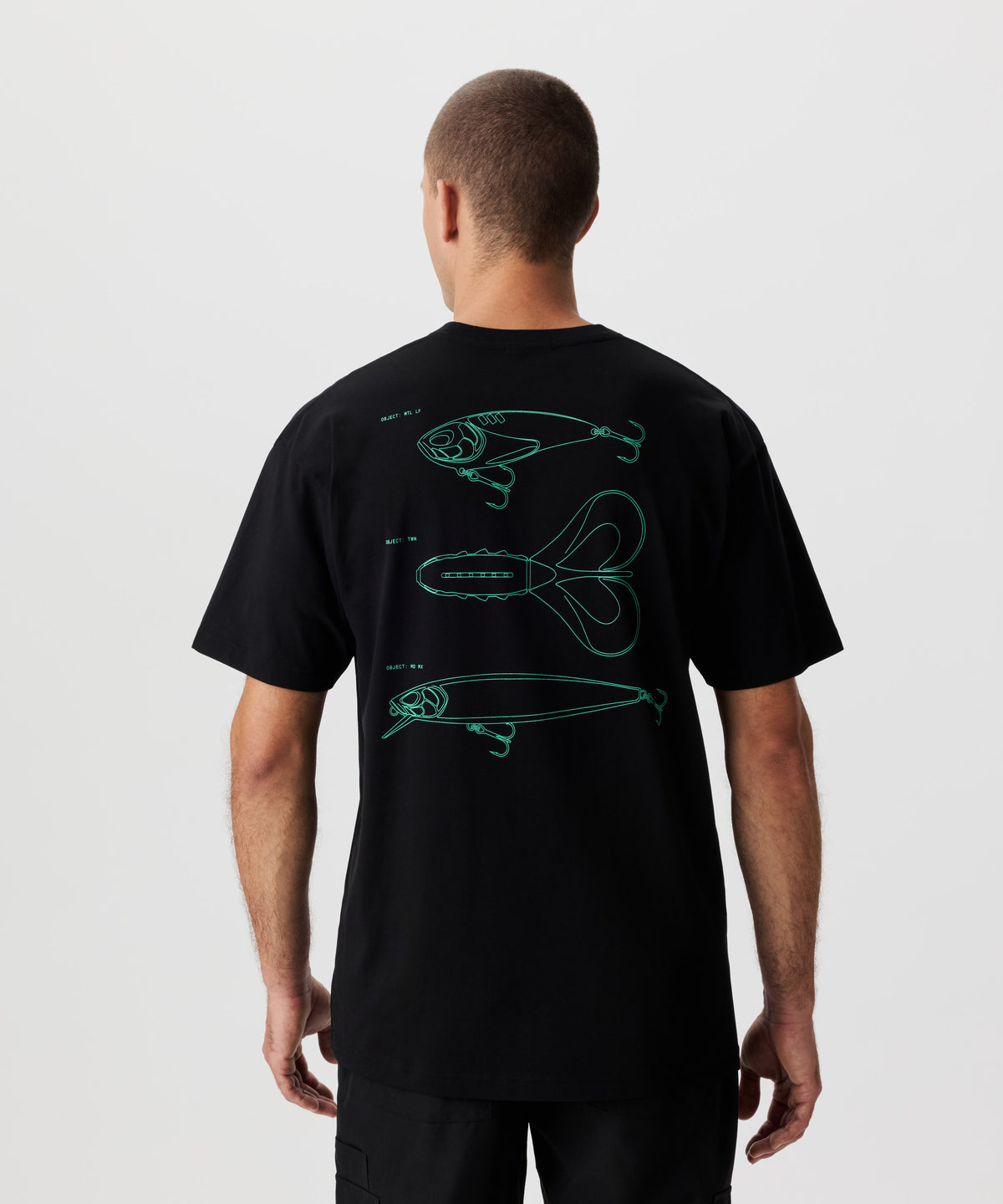 Rückansicht Mann im schwarzen T-Shirt und grünem Rücken-Print. Der Print zeige drei bekannte Köder-Silhouetten.