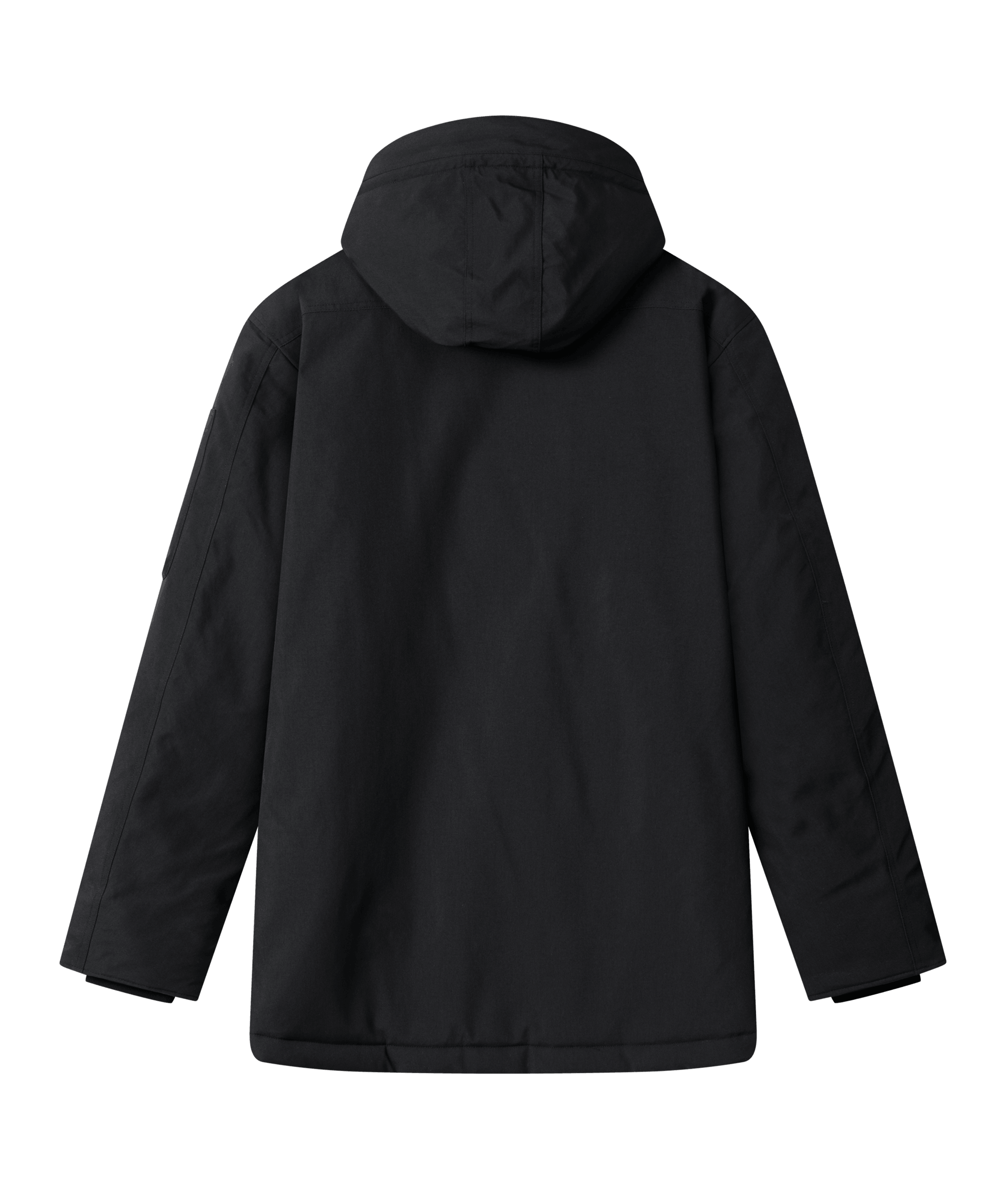 Rückenansicht einer schwarzen, schlichten Parka Jacke von Nays mit Kapuze, ohne sichtbare Logos oder Verzierungen.