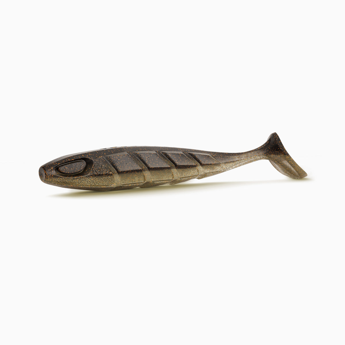 Realistischer Gummifisch Angelköder in bronze-braun mit Glitzer für Hecht, Zander und Barsch.