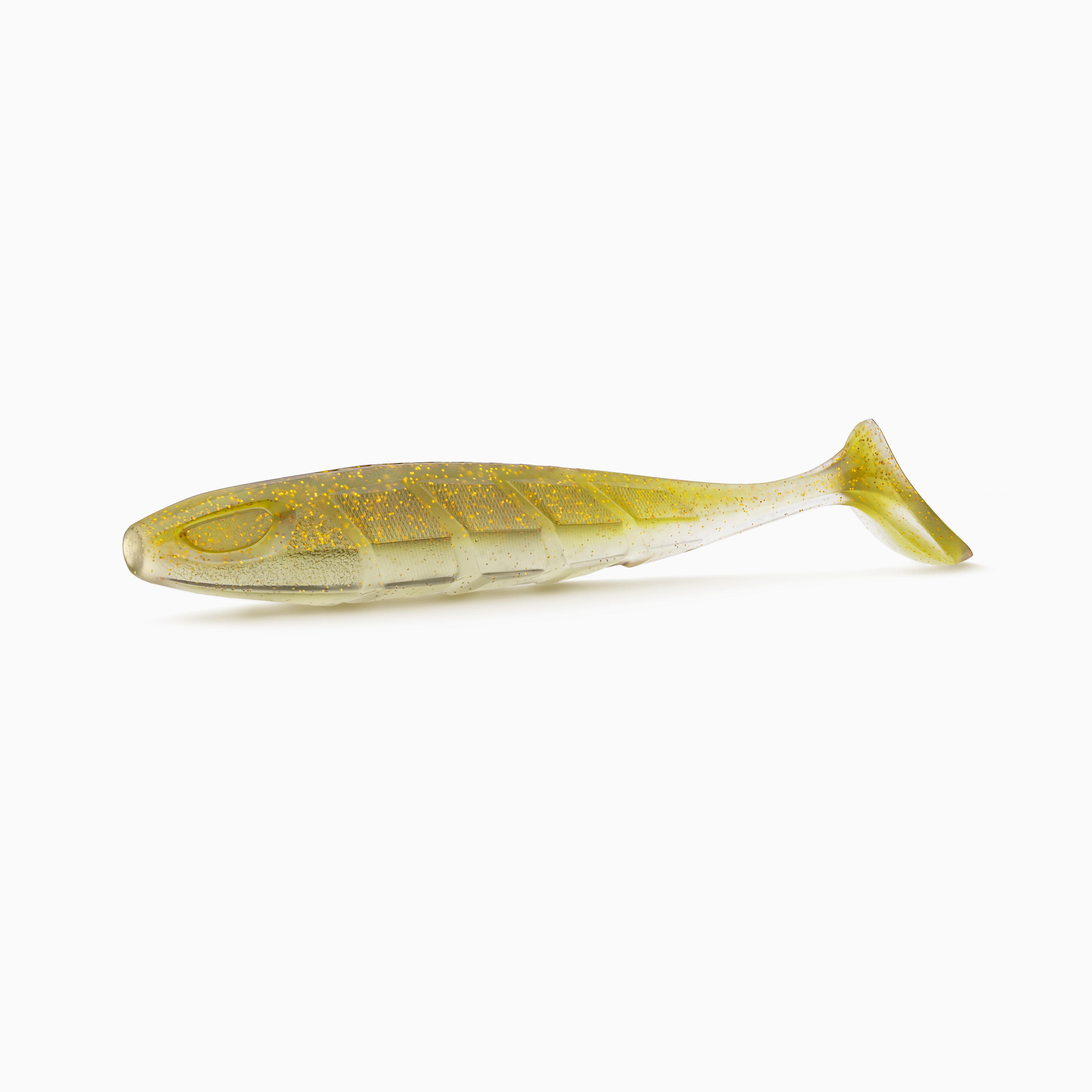 Realistischer Gummifisch Angelköder in gold-Gelb mit Glitzer für Hecht, Zander und Barsch.
