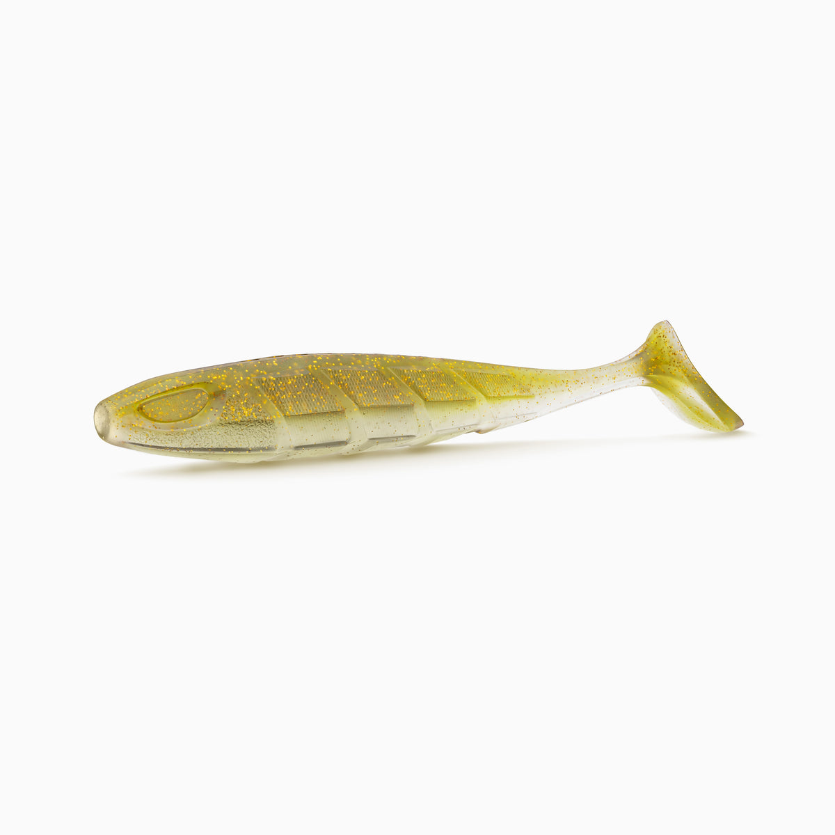 Realistischer Gummifisch Angelköder in gold-Gelb mit Glitzer für Hecht, Zander und Barsch.