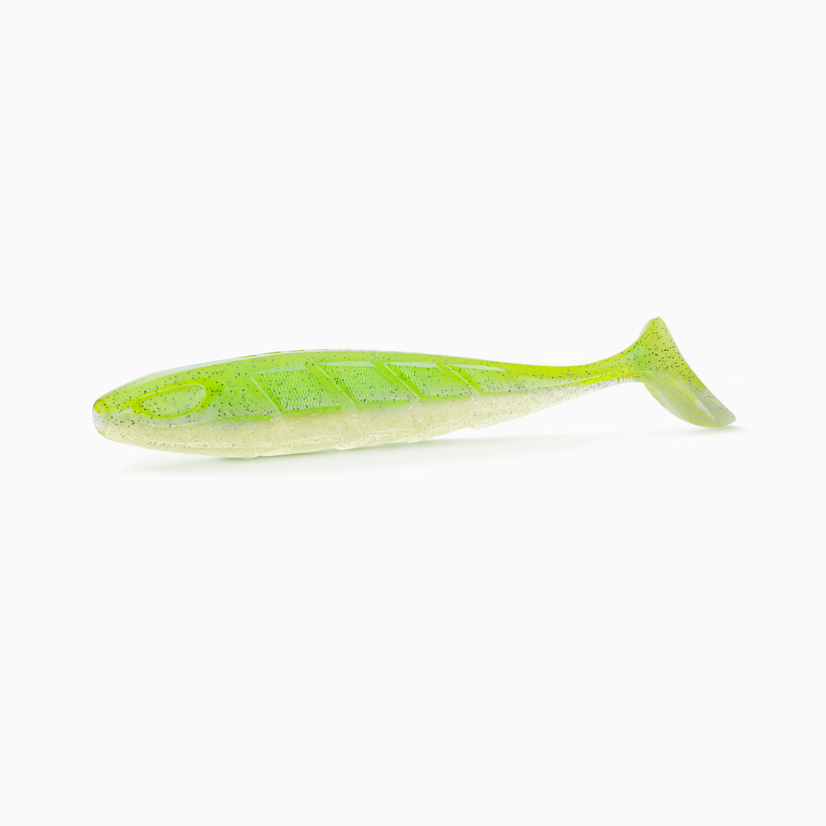 Realistischer Gummifisch Angelköder in grell-grün und weiß mit Glitzer für Hecht, Zander und Barsch.