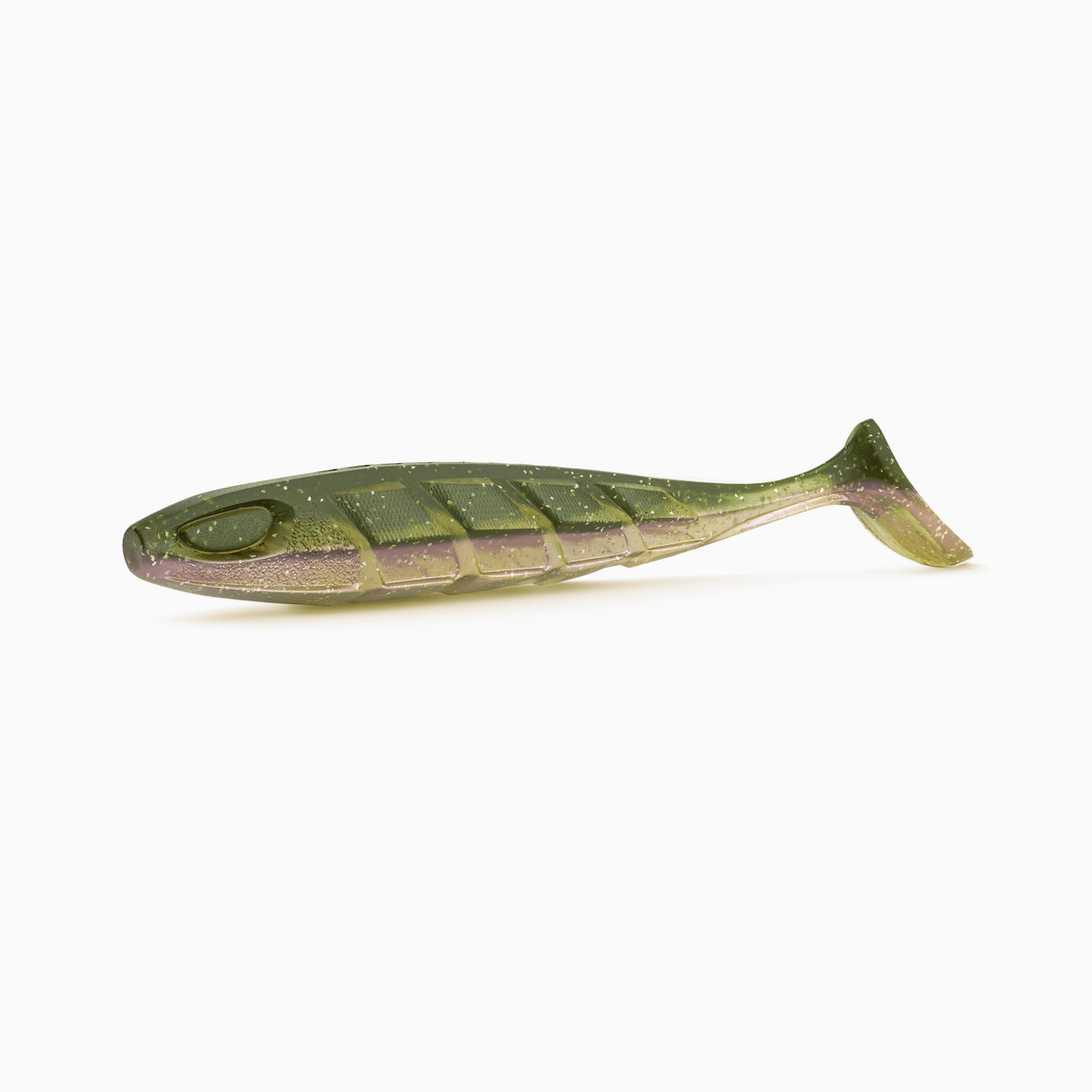 Realistischer Gummifisch Angelköder in Oliv-grün transparenter Bauch mit Glitzer für Hecht, Zander und Barsch.