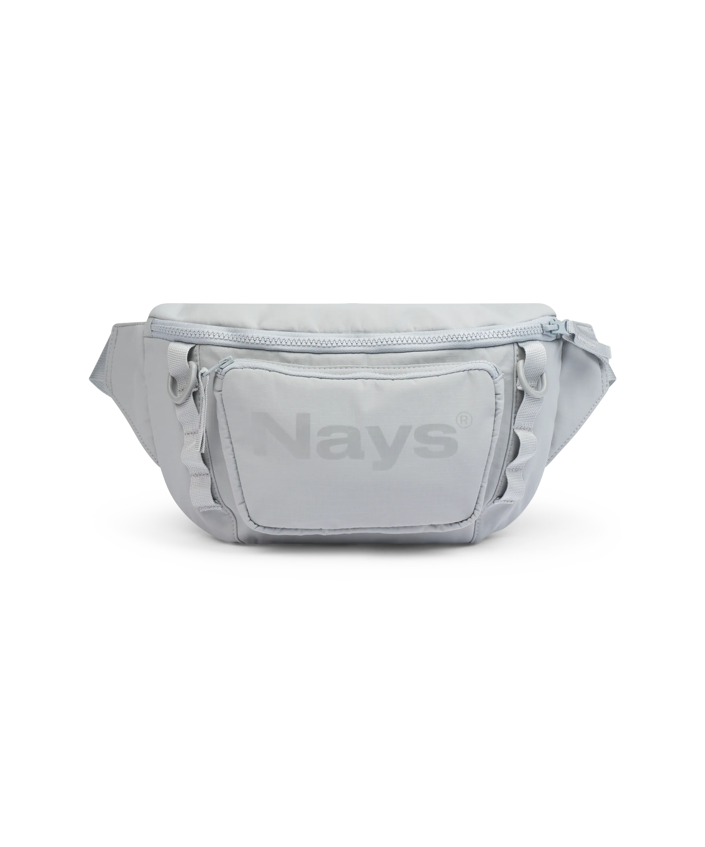 Hellgraue Nays Bauchtasche mit großer Fronttasche, D-Ringen und auffälligem Logo-Print.
