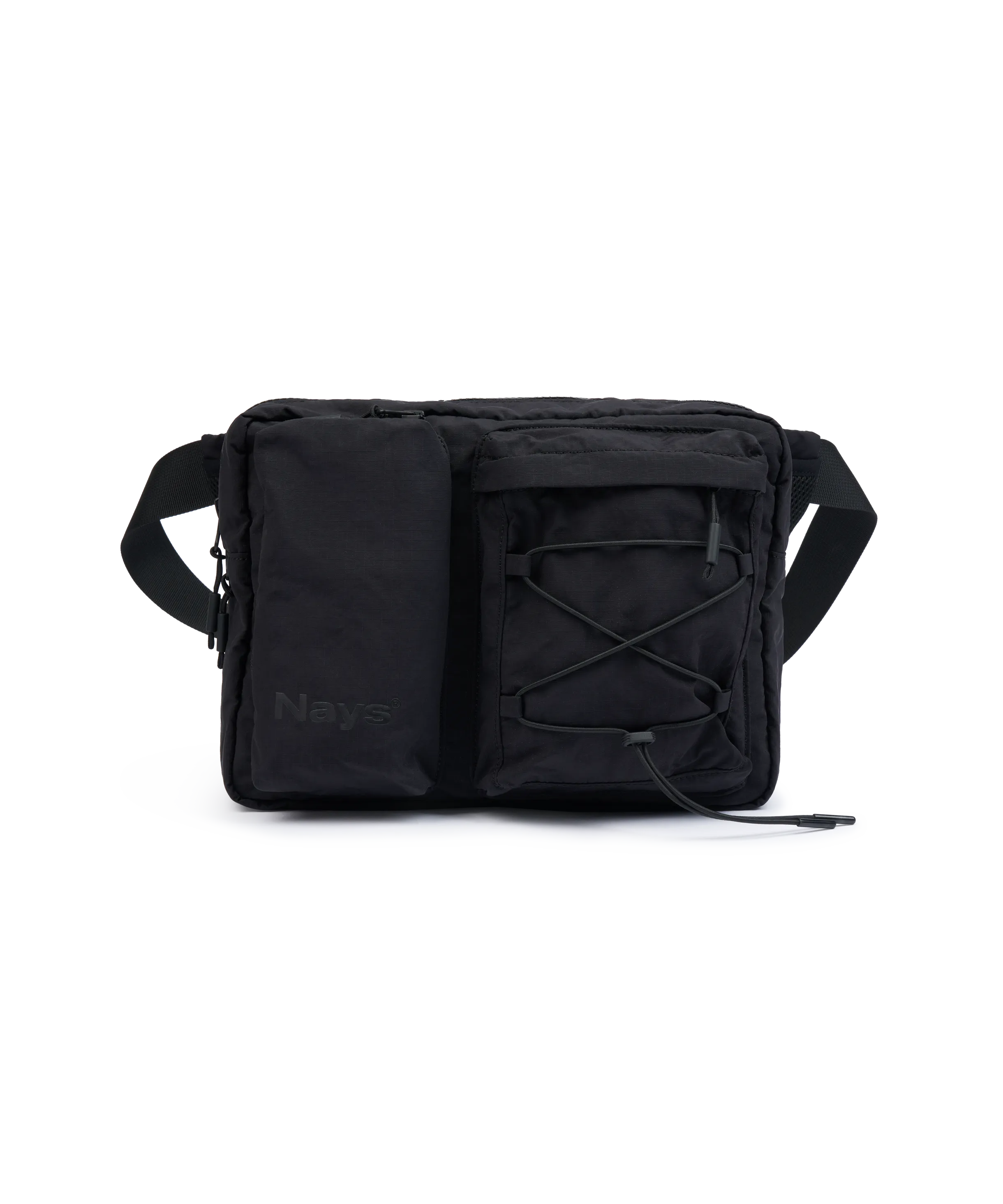 Schwarze Nays Bauchtasche (Hip Bag) mit funktionalen Außentaschen, Kordelzug-System und dezentem Logo-Prägung.