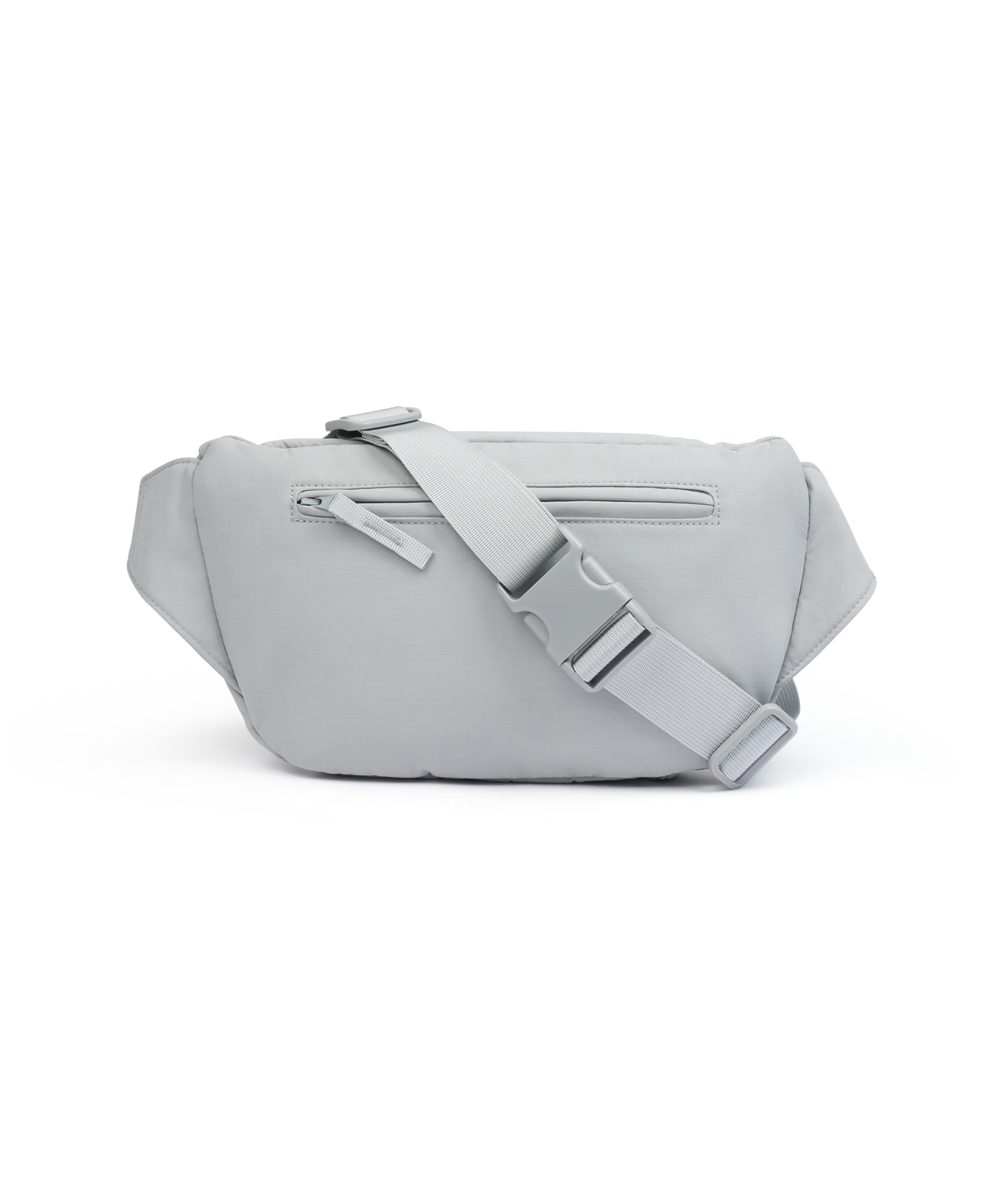Rückansicht Hellgraue Nays Bauchtasche mit großer Fronttasche, D-Ringen und auffälligem Logo-Print.