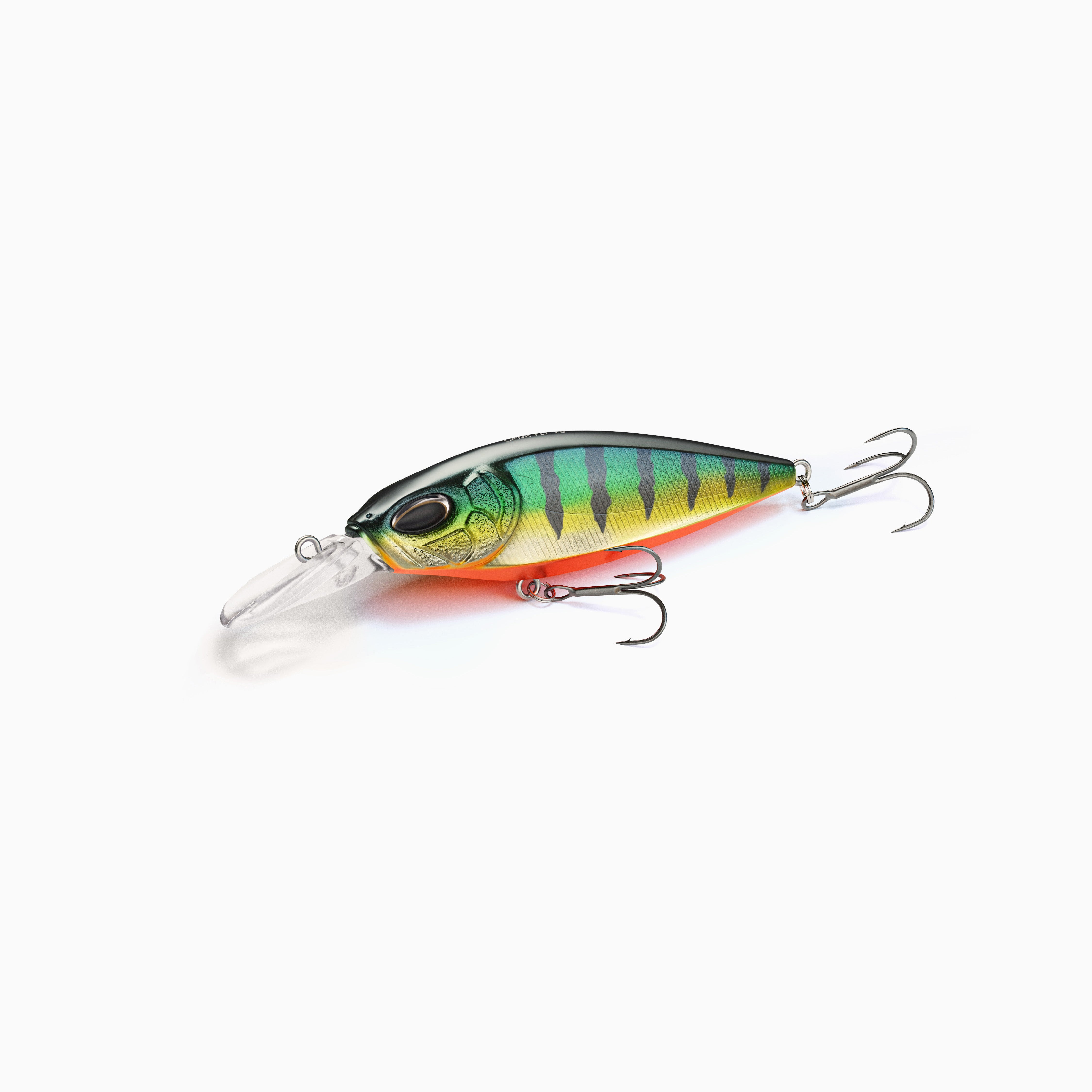 Lebensechter Crankbait Wobbler im leuchtenden Barsch-Dekor, mit orangefarbenem Bauch. Ein vielseitiger Köder für das Spinnfischen auf Raubfische wie Zander und Hecht.
