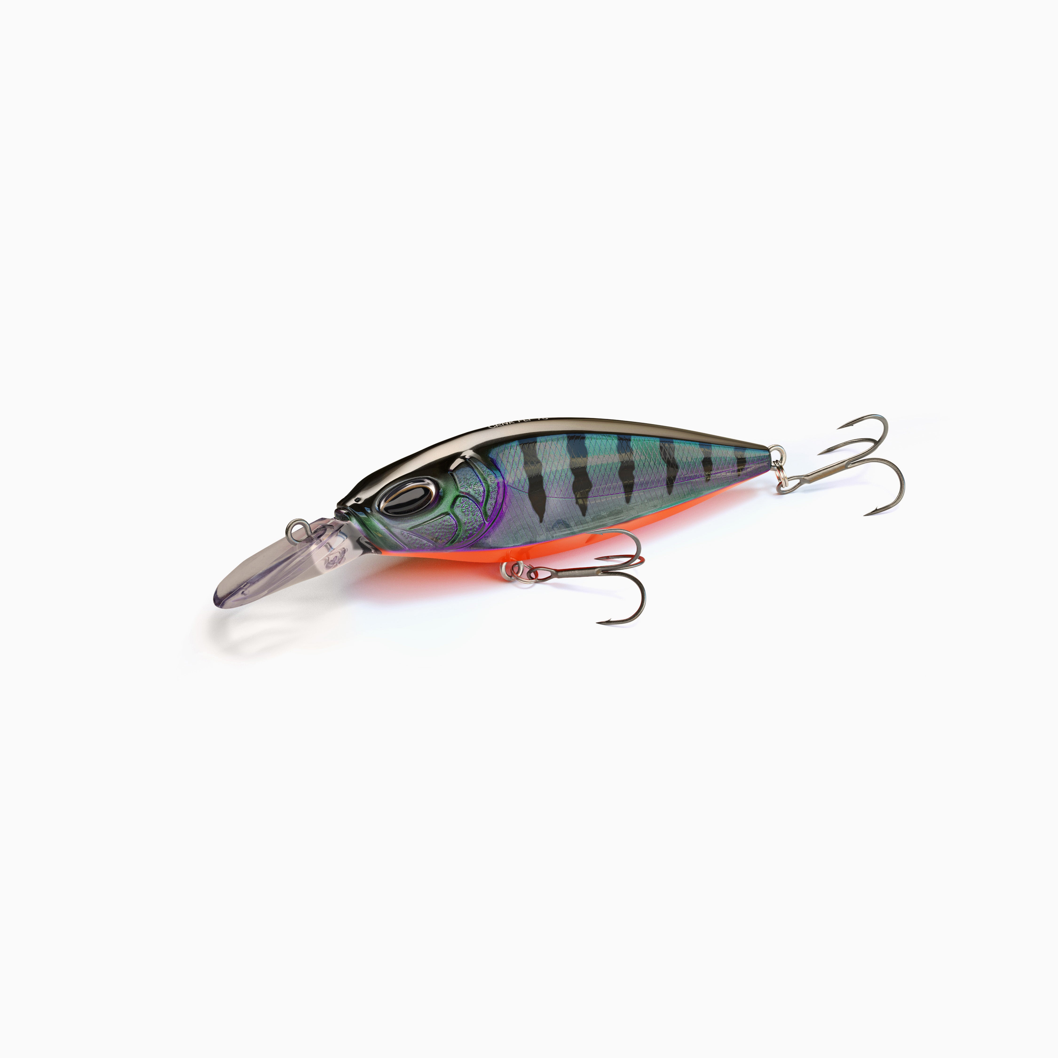 Auffälliger Crankbait Kunstköder mit modernem Barsch-Muster und leuchtend orangefarbenem Bauch. Perfekt für Raubfischangeln und zum Reizen von Hecht, Barsch und Zander.