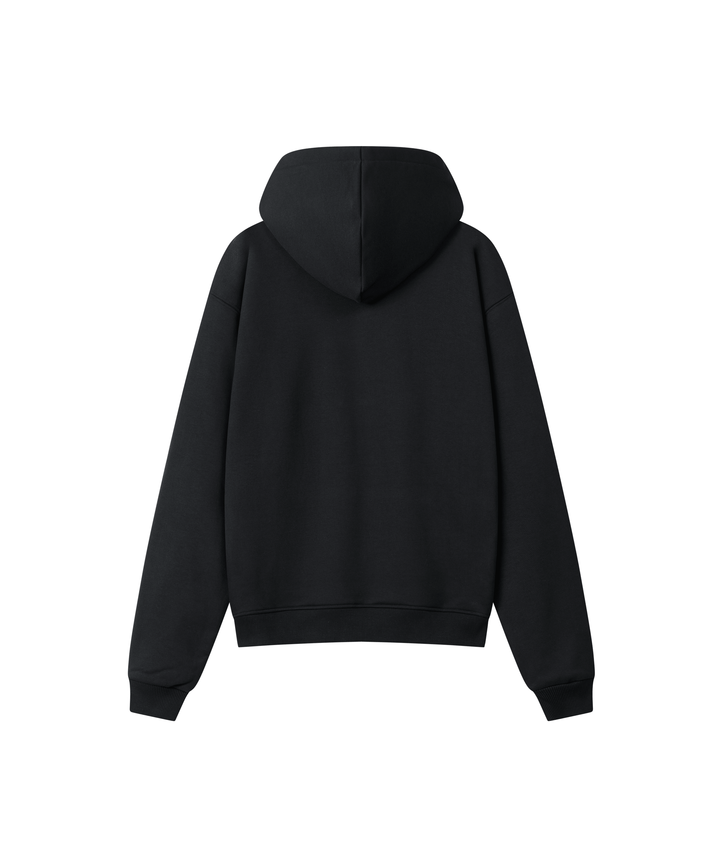 Rückansicht eines Kapuzen-Hoodies in grau für Herren. Das Sweatshirt ist locker geschnitten, es ist kein Aufdruck zu sehen. 